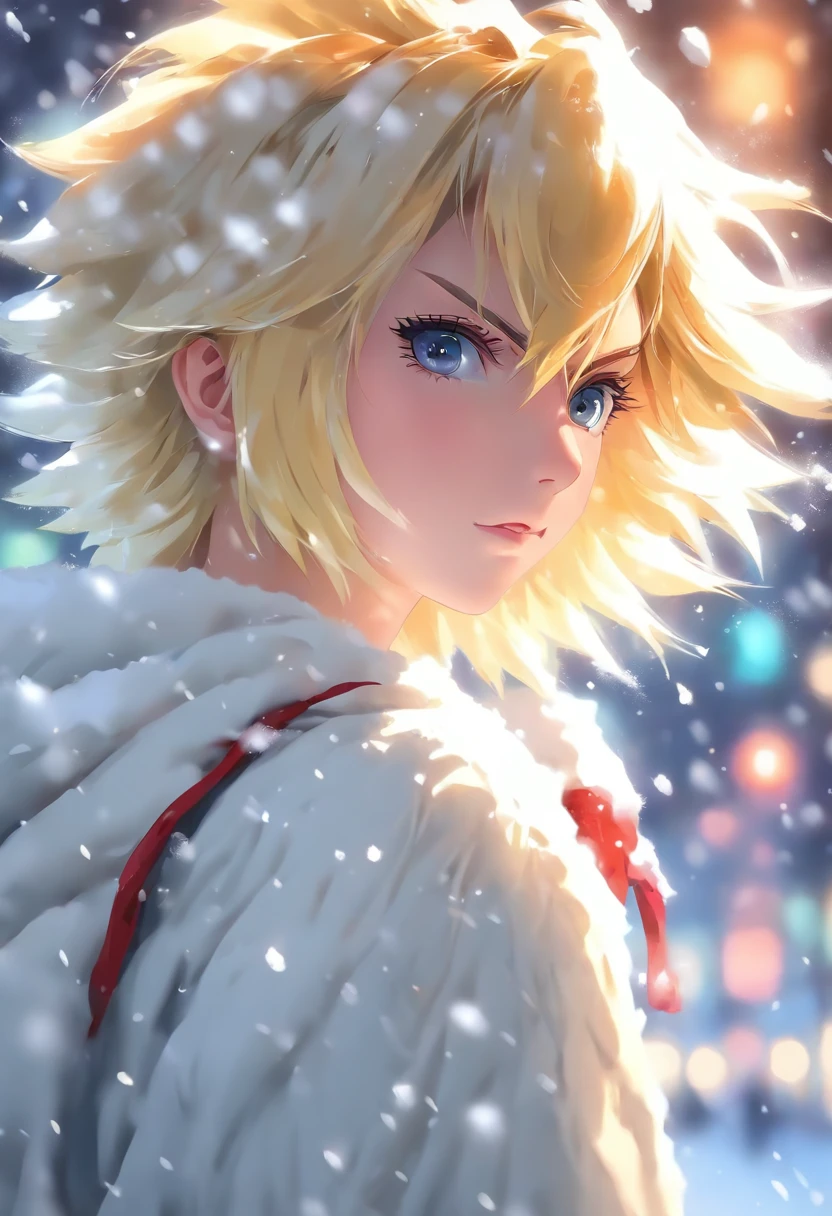 (Oil painting, Masterpiece, Best quality, Ultra detailed, Focus on character), Short blonde hair, ([back:0.8]|[ Face back:1.1]), Serious face, ([Cold scenario:1.2]|[ Snowy background:1.3]| [High contrast:1.1])
