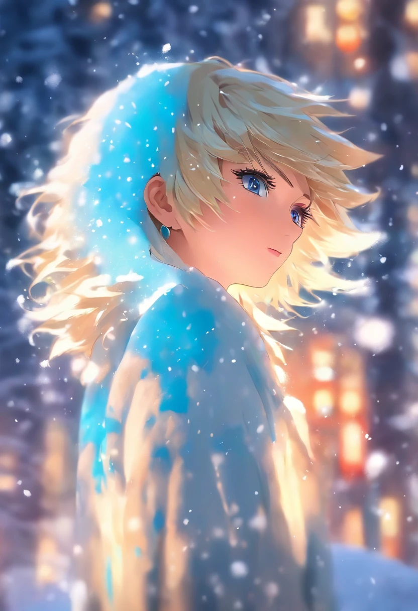 (Oil painting, Masterpiece, Best quality, Ultra detailed, Focus on character), Short blonde hair, ([back:0.8]|[ Face back:1.1]), Serious face, ([Cold scenario:1.2]|[ Snowy background:1.3]| [High contrast:1.1])