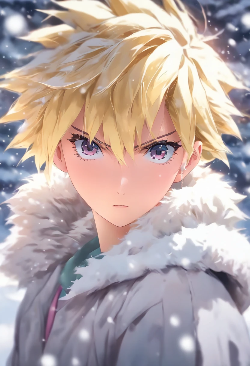 (Oil painting, Masterpiece, Best quality, Ultra detailed, Focus on character), Short blonde hair, ([back:0.8]|[ Face back:1.1]), Serious face, ([Cold scenario:1.2]|[ Snowy background:1.3]| [High contrast:1.1])