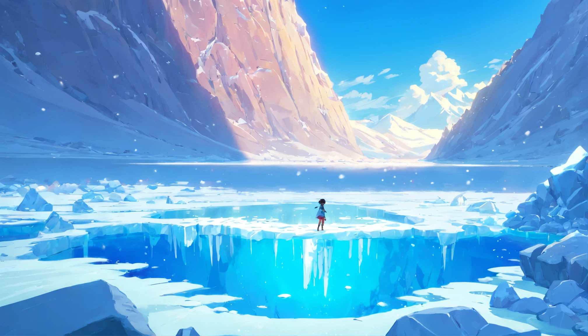 Melting glacial lakes,clear blue skies,Fish jump out of the hole in the frozen lake,Floating on the frozen lake is a rock in the shape of a boy holding the back of a girl,Floating stones in the distance