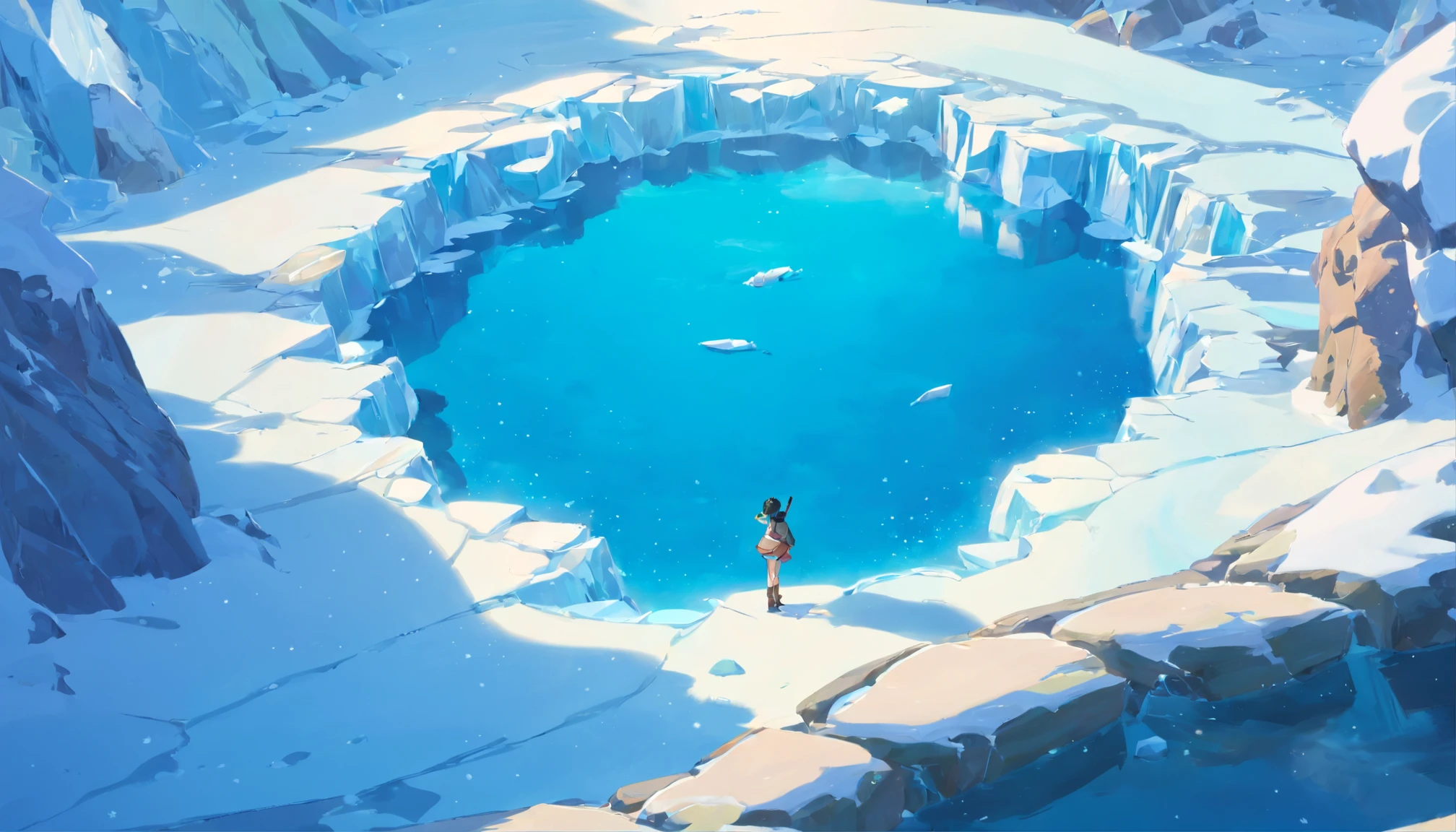 Melting glacial lakes,clear blue skies,Fish jump out of the hole in the frozen lake,Floating on the frozen lake is a rock in the shape of a boy holding the back of a girl,Floating stones in the distance