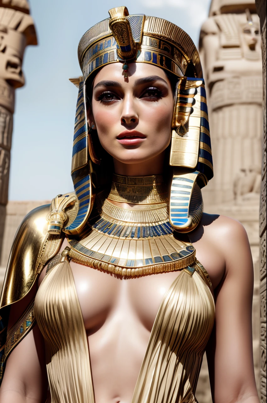 Cinematic portrait, professional cinematography, a close up of a woman in a gold outfit with an egyptian mask, beautiful cleopatra, insane details, egyptian princess, cinematic goddess close shot, cleopatra, extremely beautiful lady, cinematic goddess body shot, cleopatra portrait, goddess, stunning beauty, extremely high detail, egyptian, cleopatra in her palace, cinematic goddess shot, egyptian style, extremely detailed goddess shot, beautiful goddess, Keira Knightley as egyptian, Keira Knightley gorgeous and beautiful pharaoh, portrait of cleopatra, uhd, 8k, 32k, sharp, intricate, highly detailed, detailed Beauty,hdr, cinematic vision, flawless picture, tattoo can be seen,