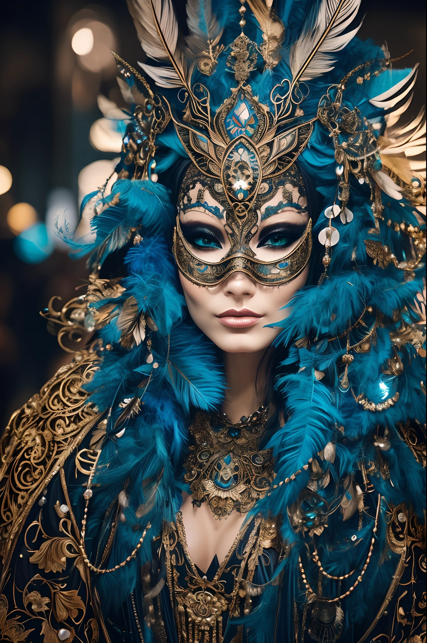 a close up of a woman wearing a mask with feathers, ornate cosplay, inspired by Hedi Xandt, regal and menacing visage, intricate makeup, wearing a bejeweled mask, costume with blue accents, venetian mask, ornate mask, intricate cyberpunk make - up, fantastic details full face, masquerade mask, elaborate ornate head piece, rococo cyberpunk