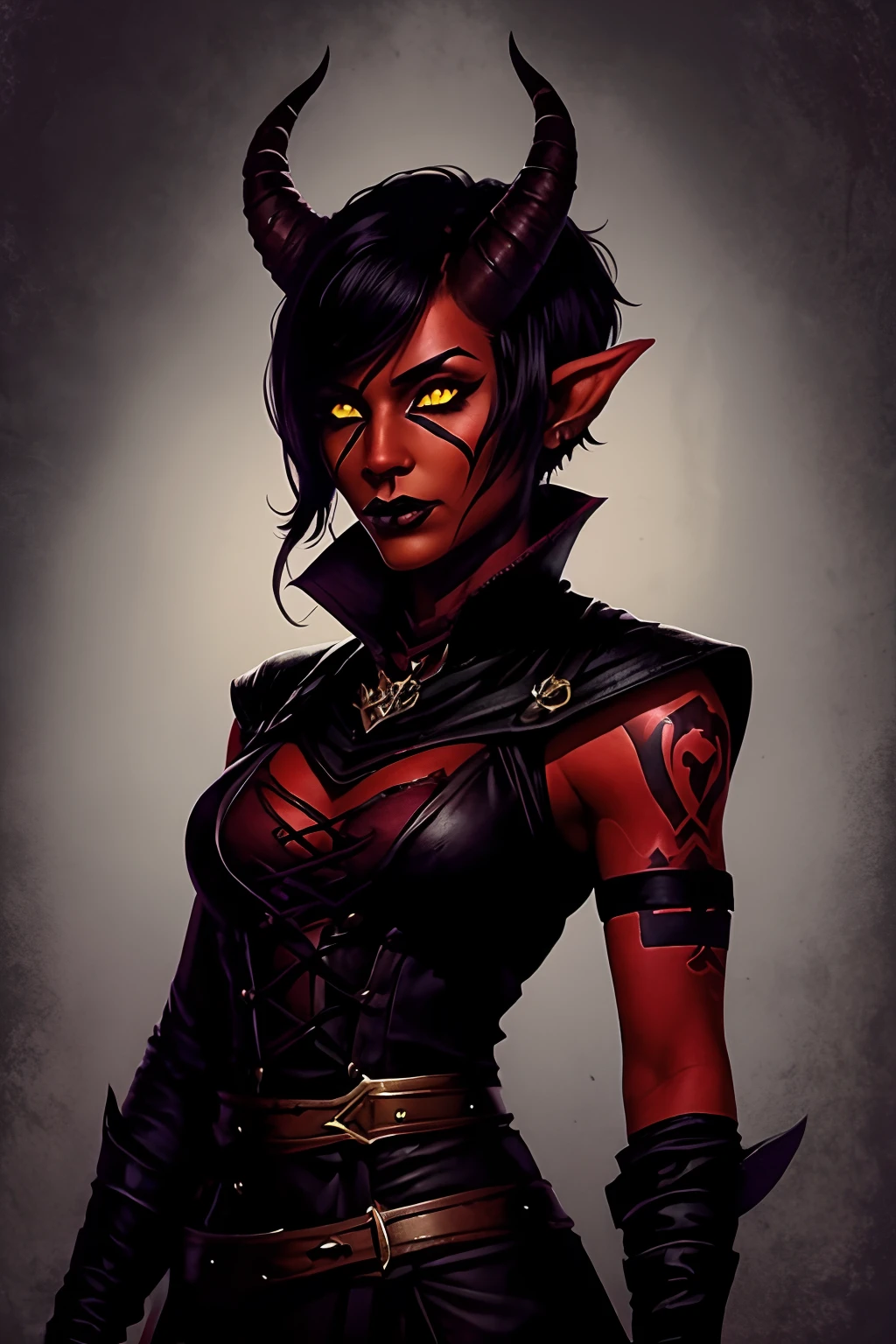 Red skin tiefling girl with horns, tight rogue outfit, dnd style portrair, pixie-cut black hair, dark make-up, black lipstick, dark face tatoo, warlock celestial, yellow eyes