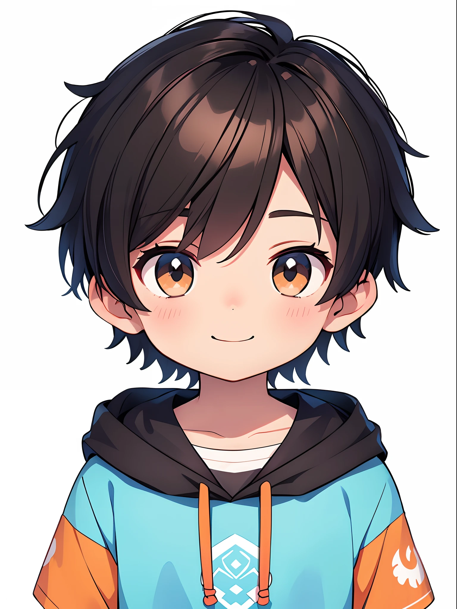 male ,His anime illustration face in soft color palette style、animated gif、Hand-drawn animation、charming sketches、Smooth and shiny background - AR 1:1 - Rainbow 5 - Expressive in style - S 50(Best Quality, masutepiece, Raw photo,Ultra-detailed:1.2),Black hair,Brown eyes，Top image quality，８ｋ，A smile， The head is near the center of the screen,frontage,from the front side,1 boy,Wide Angle,Short hair,Blank white background，Kamimei，View from above，The upper part of the body, with a pure white background