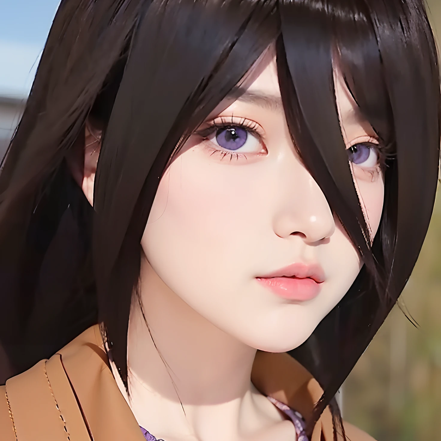 A girl with realistic brown hair, realistic bright purple eyes, beautiful face of a Korean ager,Realistic cool expressions, adapt clothes exactly to the picture, realistic light, realistic background, realistic shadows