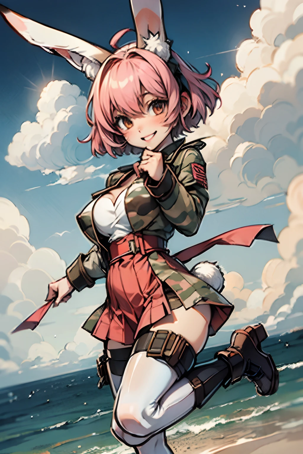 a sticker、masterpiece、top-quality、hight resolution、8K、full body Esbian、1 rabbit girl、((Big ears in rabbits))、soldier、Army camouflage uniform、Parachute troops、short-hair、A pink-haired、Colossal tits、cleavage of the breast、Jumping from the top of a skyscraper、Descending from the sky、Do skydiving、micromini skirt、A smile、perspiring、Skysky、