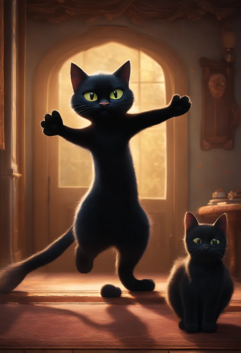 Make a black cat stand with its paws spread, tipo desenho da disney, Disney Pixar, 3d