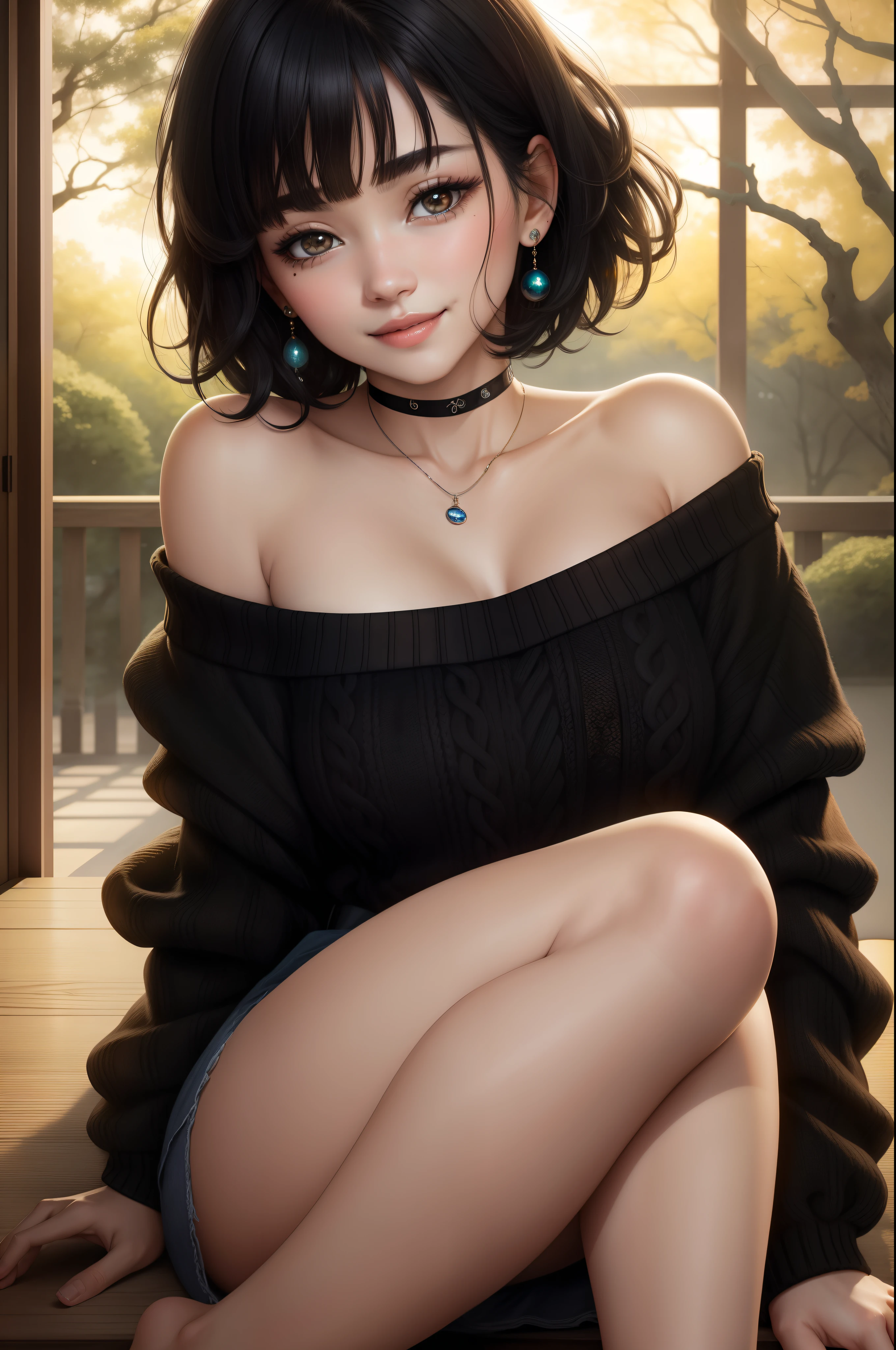 Top Quality, Masterpiece, Ultra High Resolution, Photorealistic, 1 Girl, Off Shoulder, Knit, Smile, Smile, Slightly Visible, oversized_sweater, Soft Lighting, Detailed Skin, Bangs, Black Hair, Clear Eyes, Short Bob Hair, Transparency, Japan, Korean, Beautiful Woman, Upper Eyes, Lip Gloss, Black Thick Choker, Teardrops, Mole on the Chest, Highlights in the eyes