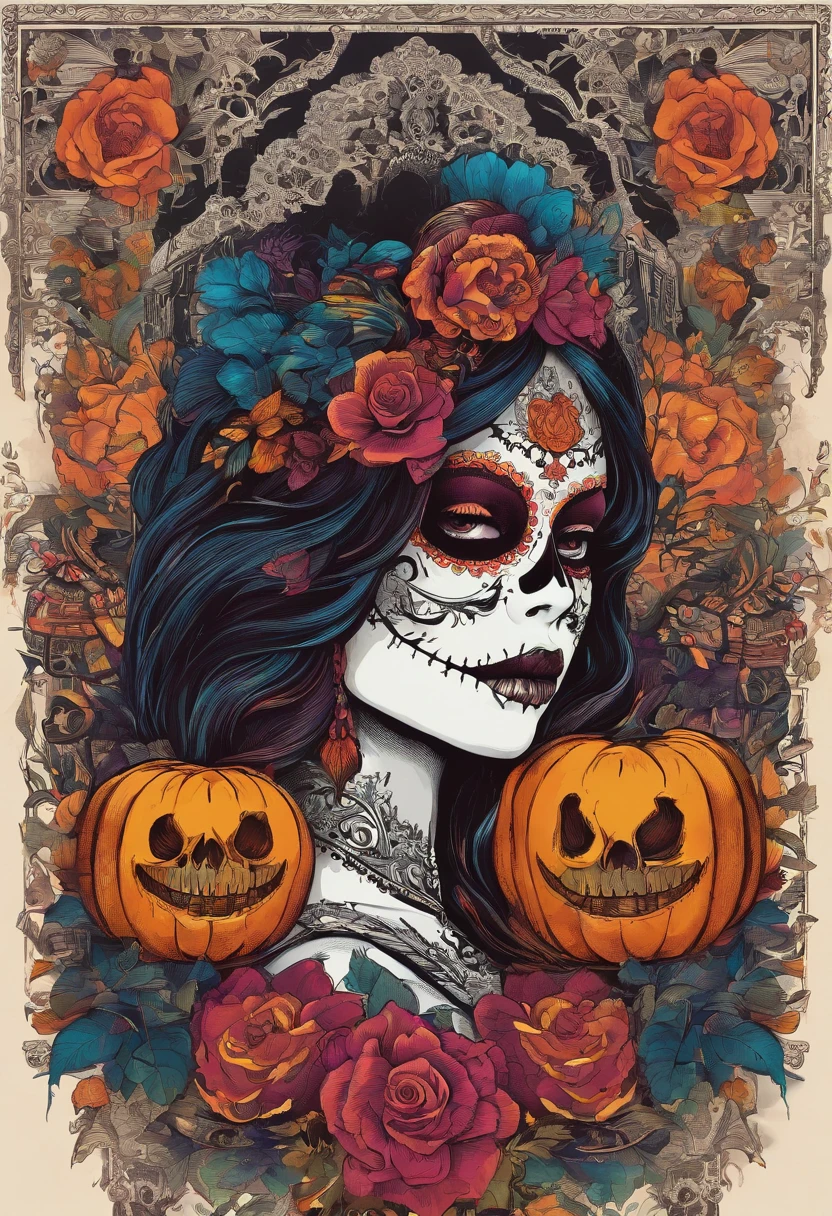 (ultra-detailed, realistic, vibrant colors, highres) Catrina with calabazas, calaveras, flores de muerto at a Mexican festival, surrounded by colorful decorations