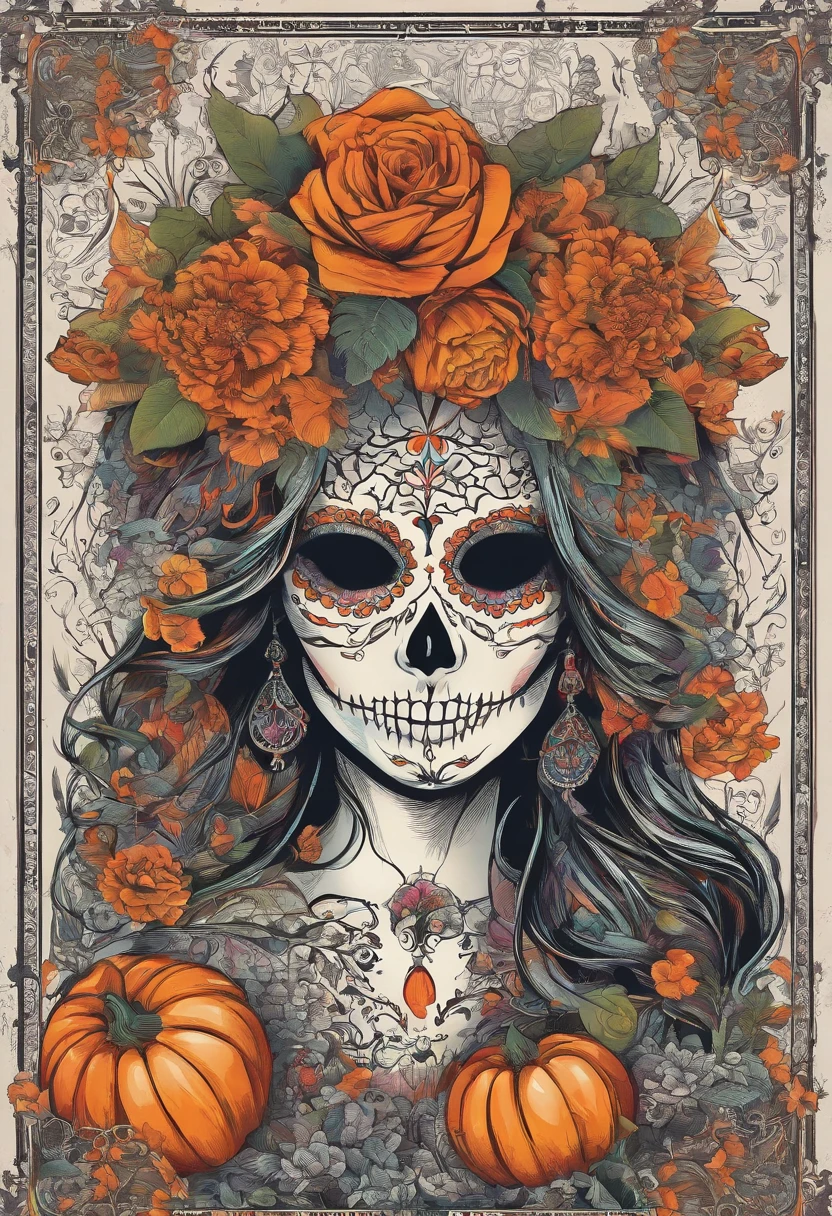 (ultra-detailed, realistic, vibrant colors, highres) Catrina with calabazas, calaveras, flores de muerto at a Mexican festival, surrounded by colorful decorations
