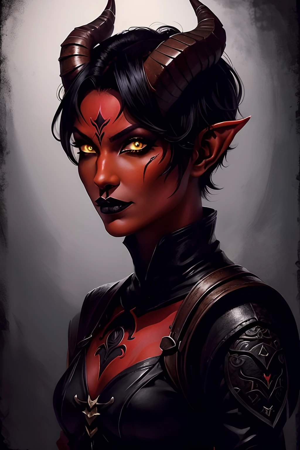 Red skin tiefling girl with horns, tight rogue outfit, dnd style portrait, pixie-cut black hair, dark make-up, black lipstick, dark face tatoo, warlock celestial, yellow eyes