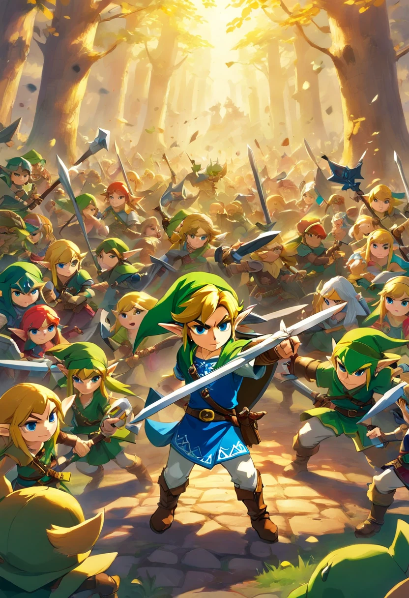 Young adventer with his legendary dark sword fighting an army of goblins