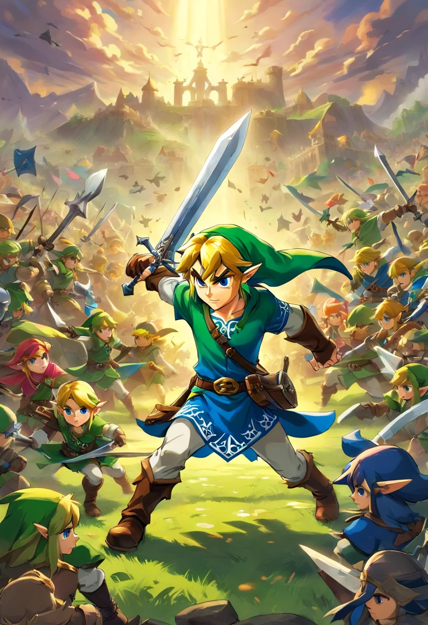 Young adventer with his legendary dark sword fighting an army of goblins