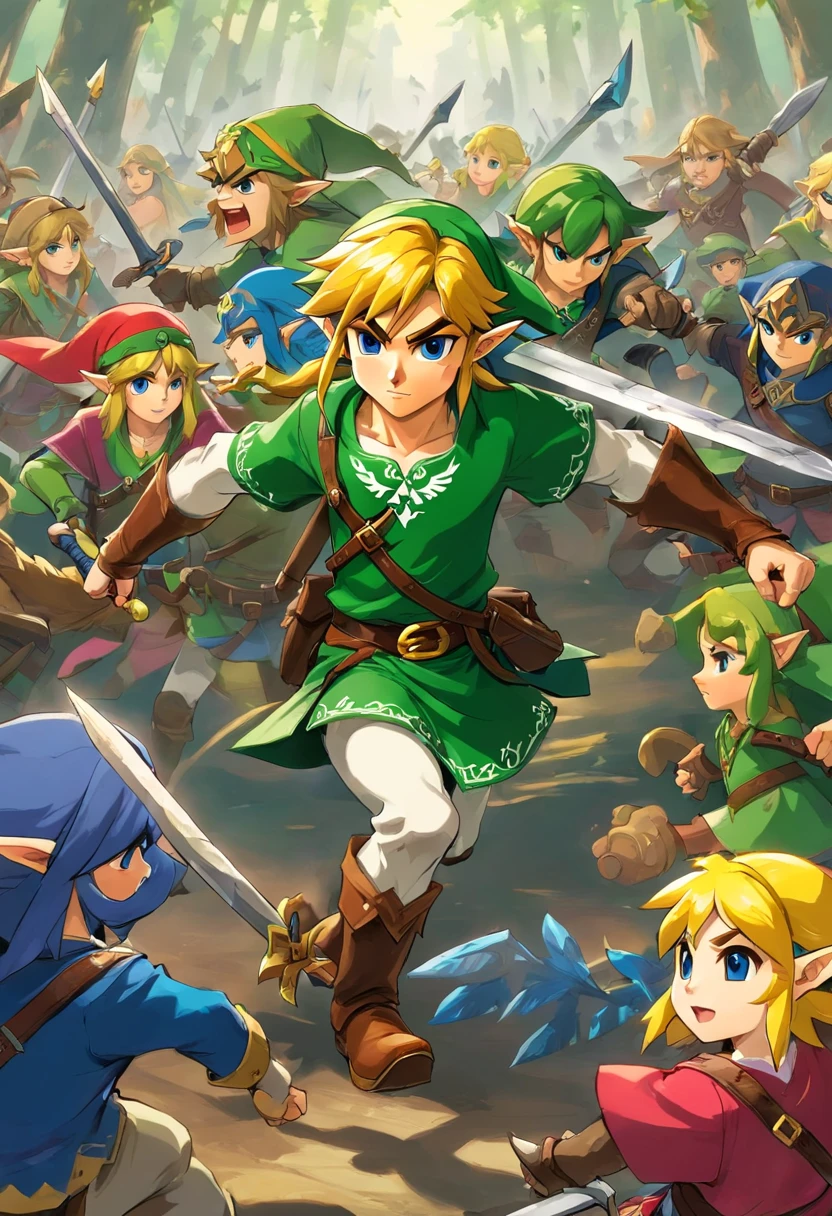 Young adventer with his legendary dark sword fighting an army of goblins