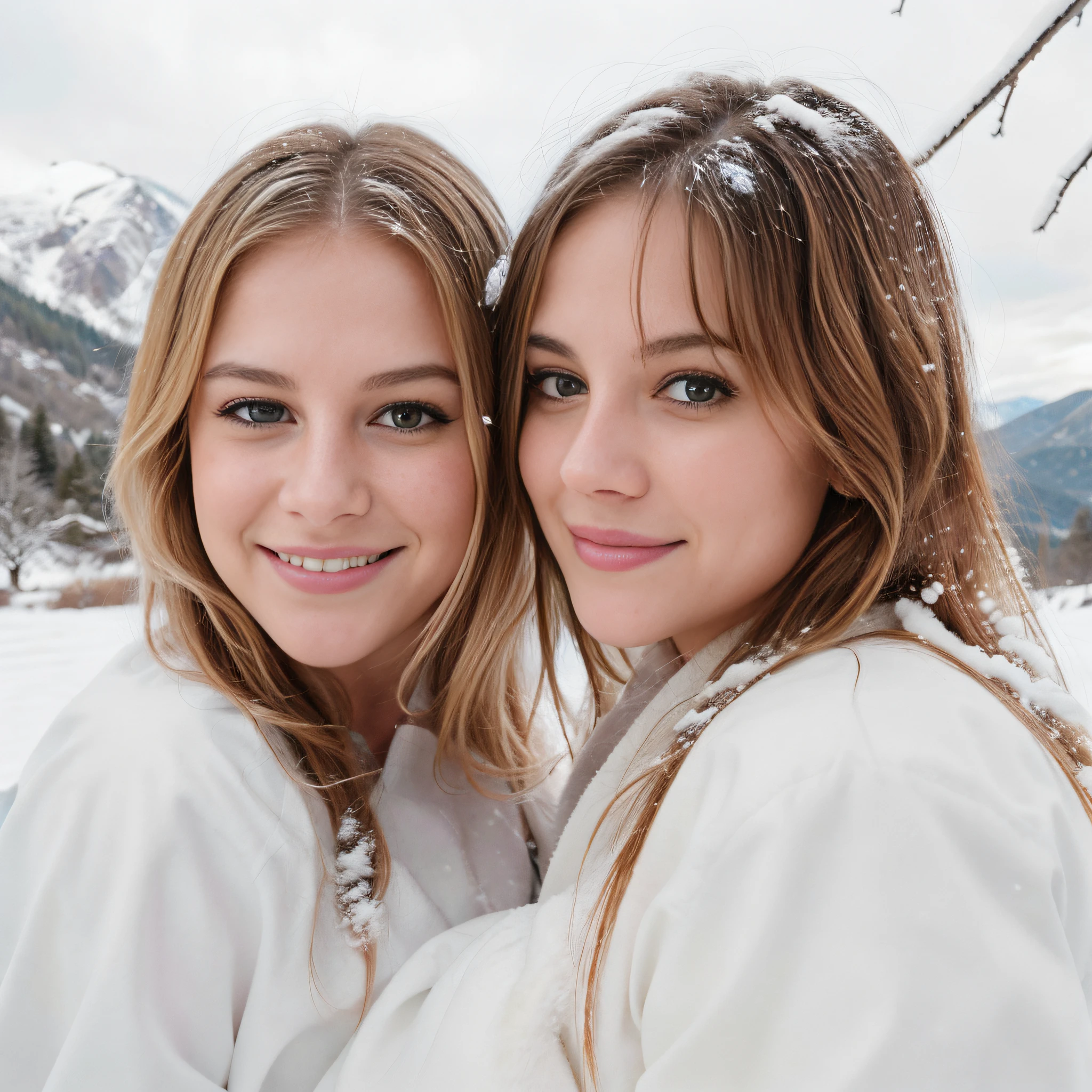 (upper body), two young girls take a playful selfie against the backdrop of a snowy mountain. The background features a picturesque river and a majestic bare tree, their branches reaching towards the sky. One of the girls has beautiful flowing blonde hair, while the other has lovely brown hair that complements the wintry landscape. Both girls embrace the frosty adventure without hats or hoods, their smiles radiating warmth and happiness. The high-resolution image captures every detail, from the individual snowflakes on their hair to the texture of the tree bark, immersing viewers in the serene beauty of the snowy mountain scene. skin texture, ultra high res, RAW, instagram LUT, ultra-detailed, cinematic light, side lighting, ultra high resolution, best shadow, RAW, 4k, ((masterpiece)), ((best quality)), ((intricately details)), ((ultra-realistic realism)),  Ridiculous res,  highly detailed, detailed fingers), (extremely detailed eyes and face), (beautiful detailed nose), (beautiful detailed thigh), (beautiful detailed eyes), bright eyes avril lavgne, hayley williams