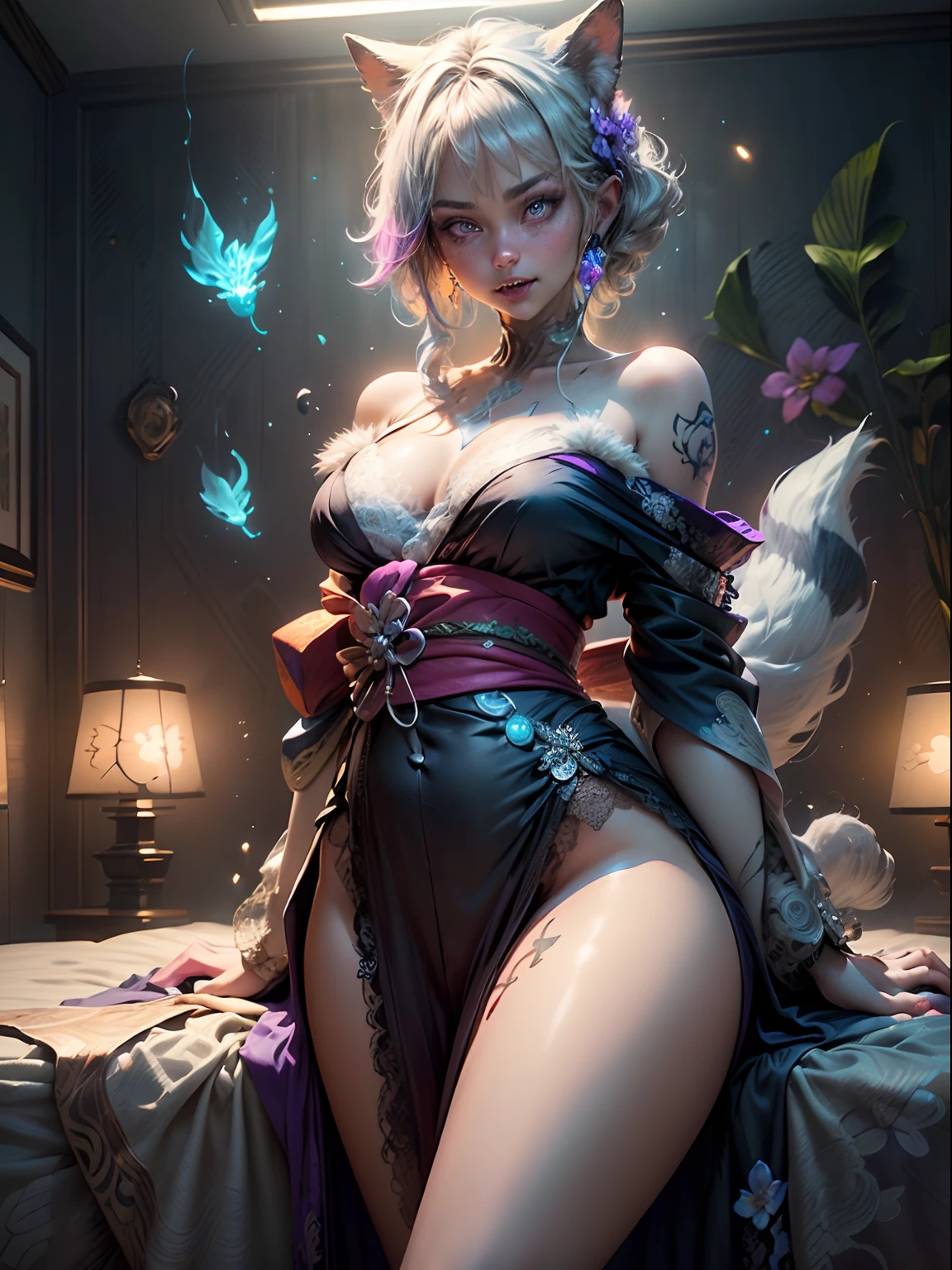 spiritual blue fire fluffy fox girl, (fluffy fox ears, fluffy fox tail), (spirit, spiritual:1.4), (blue fire:1.5), 1girl, perfect and well designed glowing shiny eyes, (beautiful detailed eyes:1.05), (big breats:1.45), slim body, beautiful and delicate cute face, (face detail), ((realistic face)), pores, ((pale grey skin)), detailed skin, realistic skin, (((bioluminescence))), ((shiny skin)), (fangs:1.5), (multicolored gradation skin), (monster girl:1.25), (fur body:1.4), human face, medium length hair, hair voluminous, (((((multicolored gradation hair))))), super high resolution, 8k, parameters Best quality, (masterpiece:1.4), (magic accessories:1.4), bracelets, extremely detailed thick tight ({nylon|lycra}:1.5) pastel bright ((dark blue, (blue:0.4), silver:1.3), (pink, purple:0.75)) ornate ({(satin:0.9)|(lace:1.4)} (purple kimono dress:1.35), (bright-red kimono sleeves:1.35)), (bare shoulders:1.6), (standing  under cloth:1.25), (cameltoe:1.5), (ornaments on clothing:1.5), (neckline:1.3), (cleavage:1.3), decolette, navel, Young Girl, Little Beast, (Smile:0.7), (pale Skin:1.4), (((flower tattoos all over body, flower tattoos all over legs))), ultra detailed, photorealistic, ((Real image)), (best quality:1.4), super high resolution, (Realistic 2.0), More details, (((1girl))), (laying on bed:1.25), (spacious bedroom:1.5), city and buildings behind a window, futuristic, cyberpunk, magic technologies, (beautiful and aesthetic:1.2), (fractal art:1.4), (cinematic light:1.1), (close DUTCH ANGLE:1.3), 16K, HDR, RTX, Ray Tracing, Radiosity, Anisotropic Filtering, Subsurface Scattering, (((magic lights))), metallic reflections, Detailed, Realistic, 4k highly detailed digital art, (cool_color), extremely detailed CG unity 8k wallpaper, vibrant colors, (seductive pose:1.6)