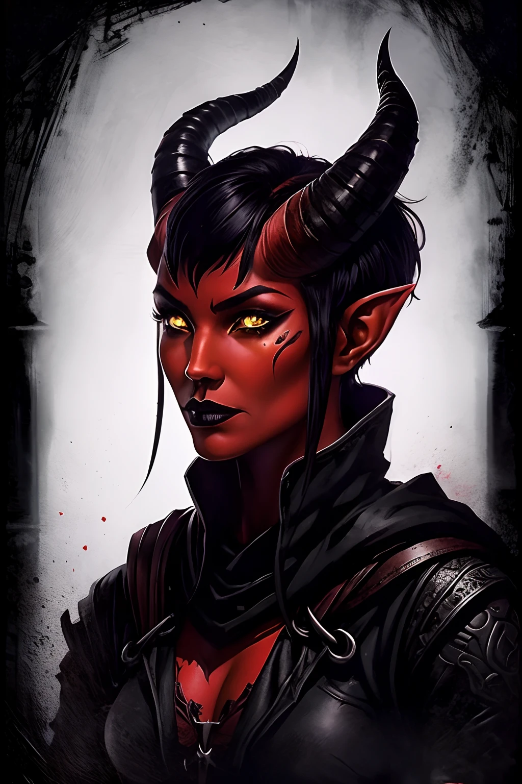 Red skin tiefling girl with horns, tight rogue outfit, dnd style portrait, pixie-cut black hair, dark make-up, black lipstick, dark face tatoo, warlock celestial, yellow eyes