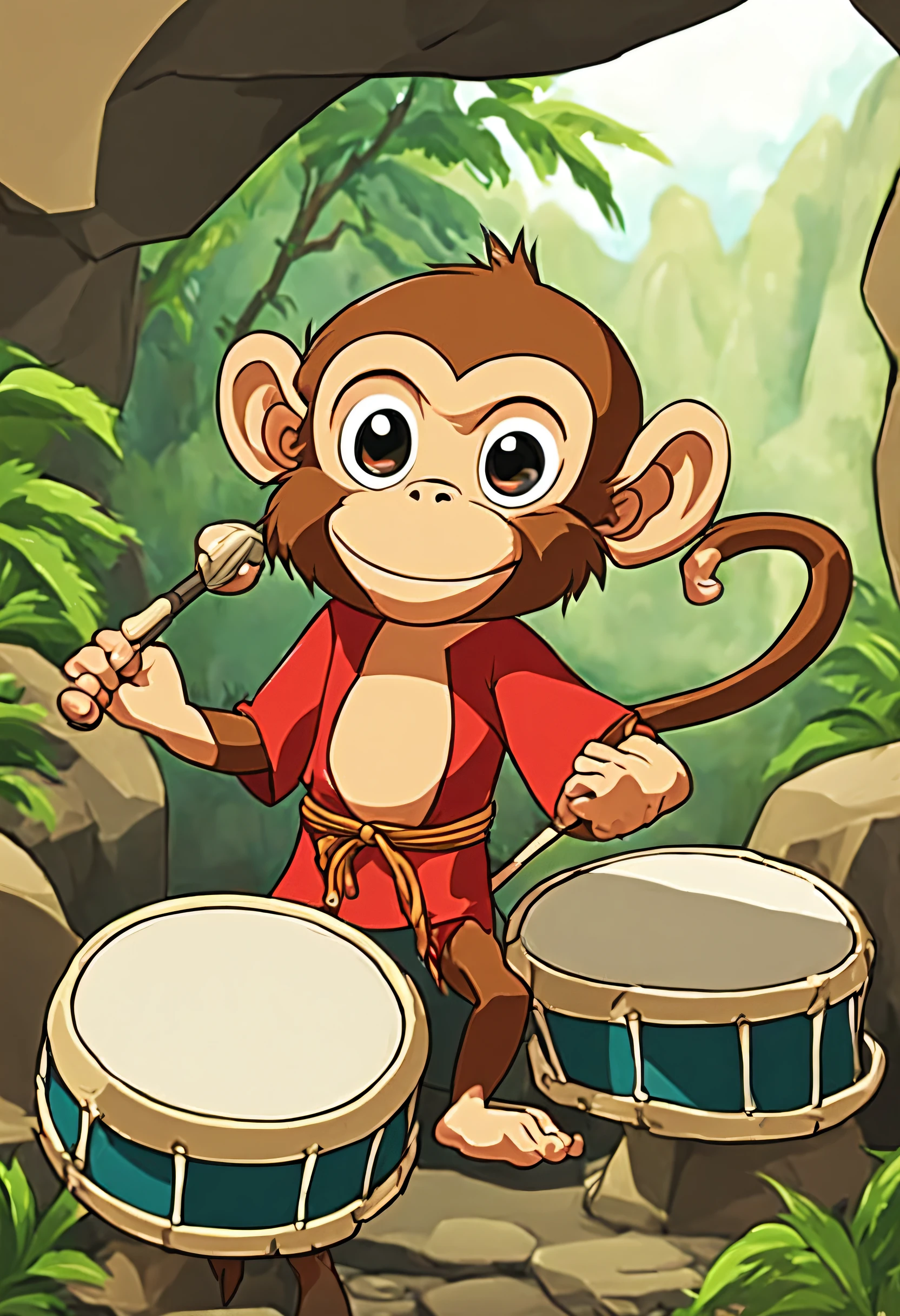 There is a monkey beating a drum in the cave，Cartoon anime