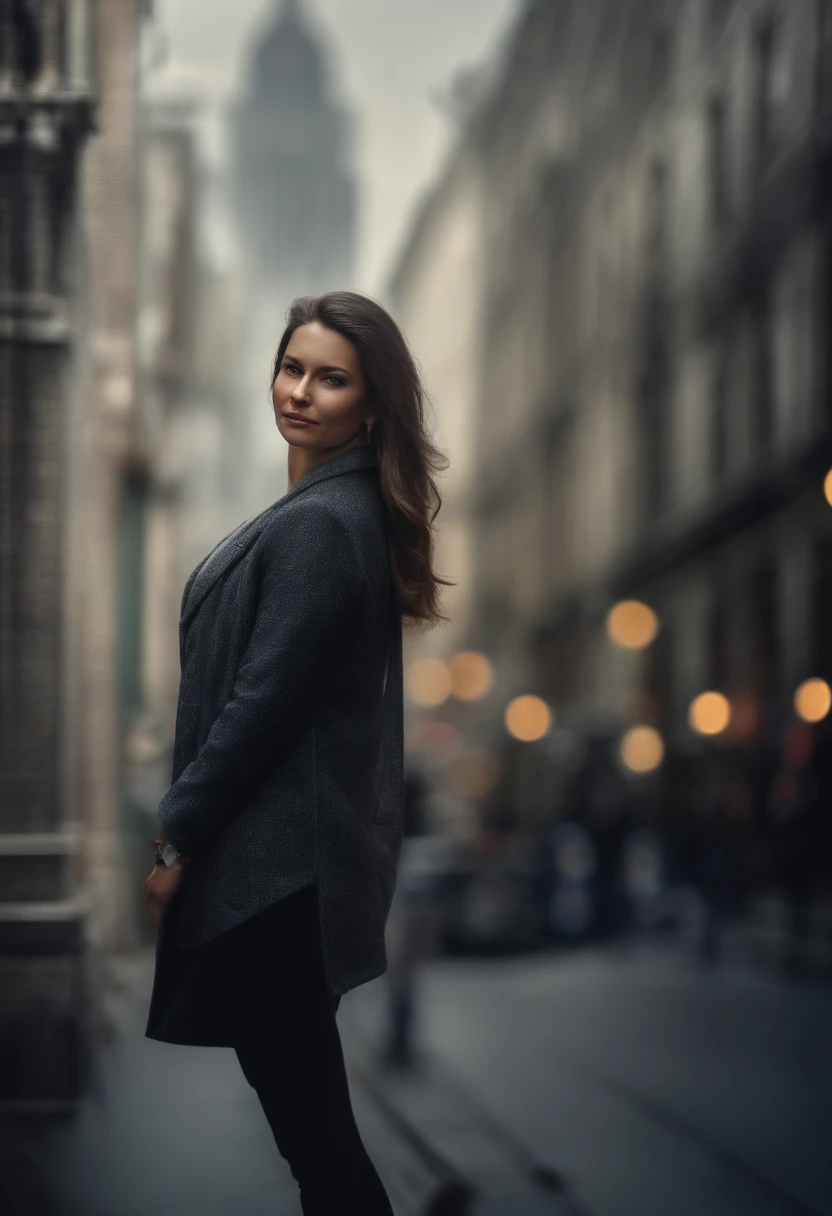a realistic double exposure portrait of a women and a city