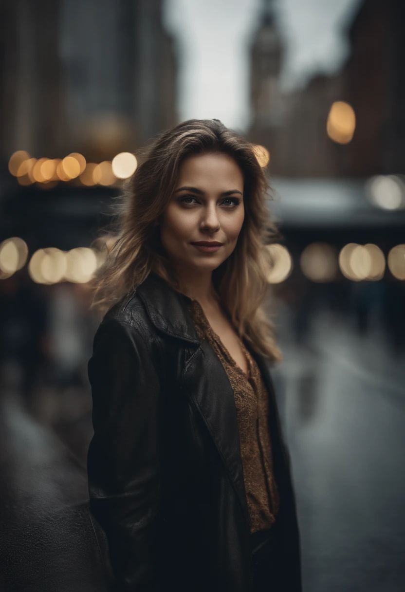 a realistic double exposure portrait of a women and a city