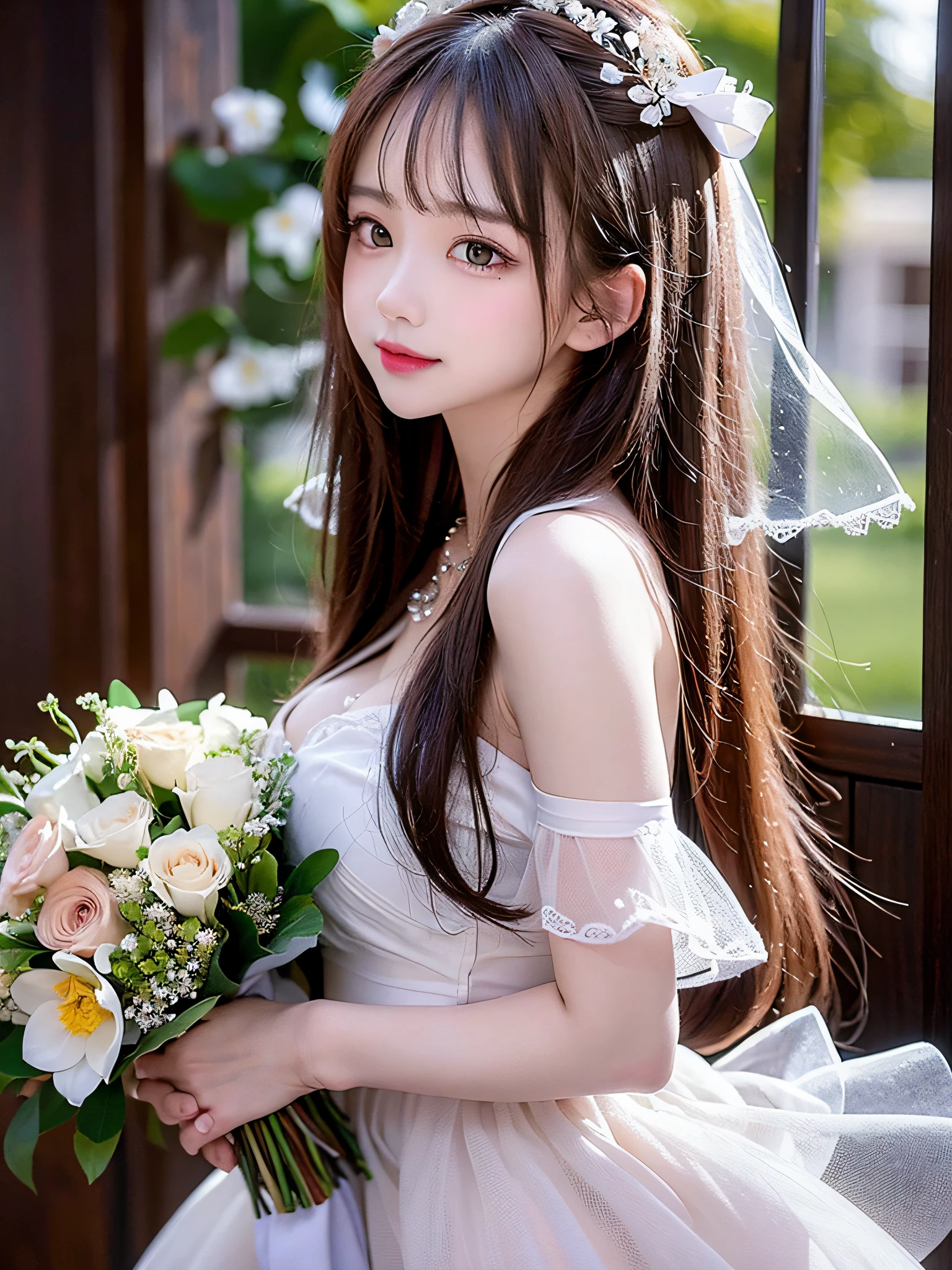 (highest quality, 32k, High resolution, Masterpiece:1.5, ), marimo_jet, god々A photograph with brilliant dazzling and healing power., Evoking a sense of calm and elusive beauty, Expressing emotions, Have a rich imagination,Beautiful Japanese Girls, An exceptionally beautiful face, Small Face Beauty, Perfect Human Anatomy, Magical big eyes, Motherhood and generosity, Deep Love, A fleeting smile, ((Shiny brown hair:1.1)), ((Super Long Straight Silk Hair)), Flower Hair Ornaments, Asymmetrical bangs, Hair between the eyes, Transparent, soft white skin, Sharp eyebrows, Thin lashes, Natural Makeup, Cheek highlighter, Pale pink detailed lips, , ((White dress:1.2)), ((holding a bouquet of red roses in both hands:1.2)), High resolution perfect collarbone, High resolution beautiful bust, Slim figure with ample breasts, High resolutionの美しい太もも, ((Detailed blue sky background:1.3)), ((Beautiful detailed rainbow:1.1)), Dazzling sunlight, Backlight, Professional Lighting, Professional photographer, Professional models, God's Secret