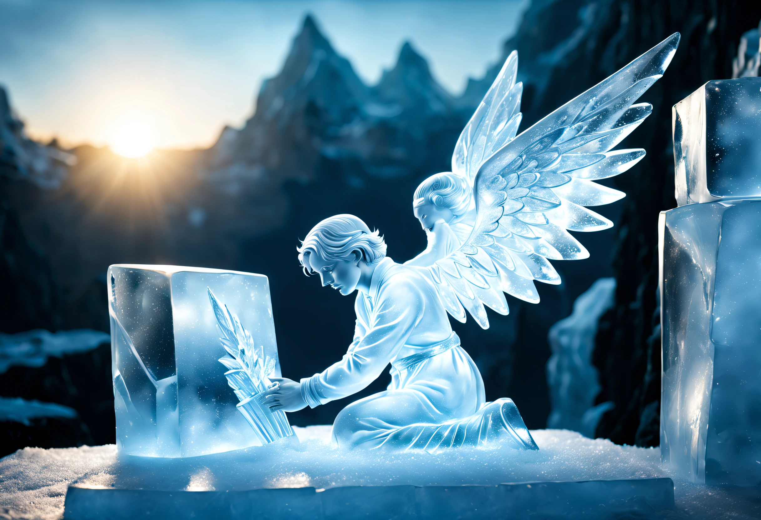 (highres:1.2),realistic,photorealistic:1.37,[ice sculpture],[detailed ice crystals],[sparkling surface],A master sculptor is creating the figure of an angel in a block of ice. He is sculpting the last parts on it. Tolkien-style magical atmosphere.