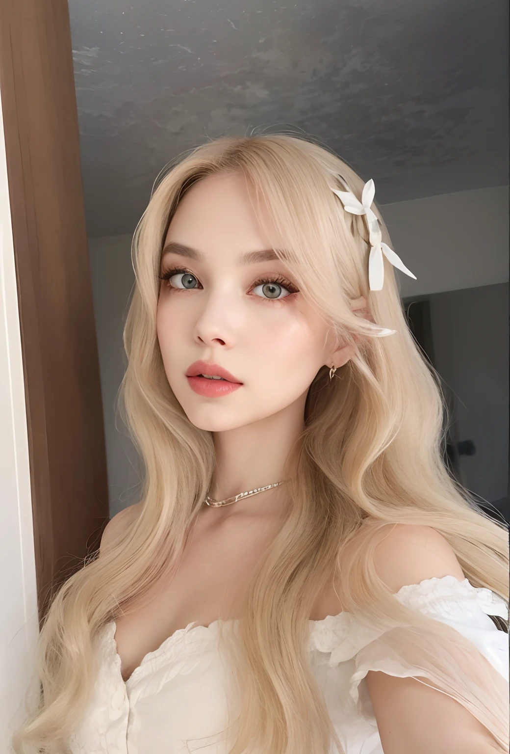 um close up de uma mulher com longos cabelos loiros usando um vestido branco, longos cabelos loiros e olhos grandes, longos cabelos loiros e olhos grandes, linda Delphine, Retrato de Kim Petras, cabelos loiros e olhos grandes, uma ****** com cabelo loiro, pale skin curly blond hair, Deusa loira, ava max, com longos cabelos loiros, ****** loira bonita, uma loira linda