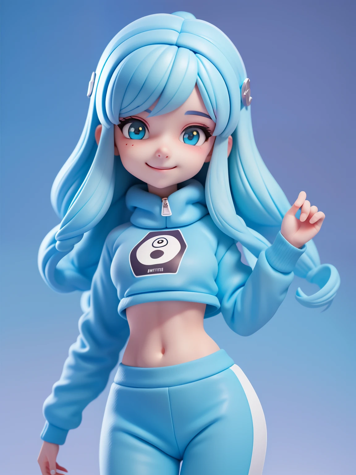 (tmasterpiece), (best qualityer), (ultra - detailed), (full bodyesbian: 1.2) Cute cute girl, Manchester City's sweatshirt, Sky blue knitted jumpsuit, Pants, jaket, blouse, Hefty Smile, full bodyesbian, :3, Pastel tonal background , Extremely colorful,، simple.