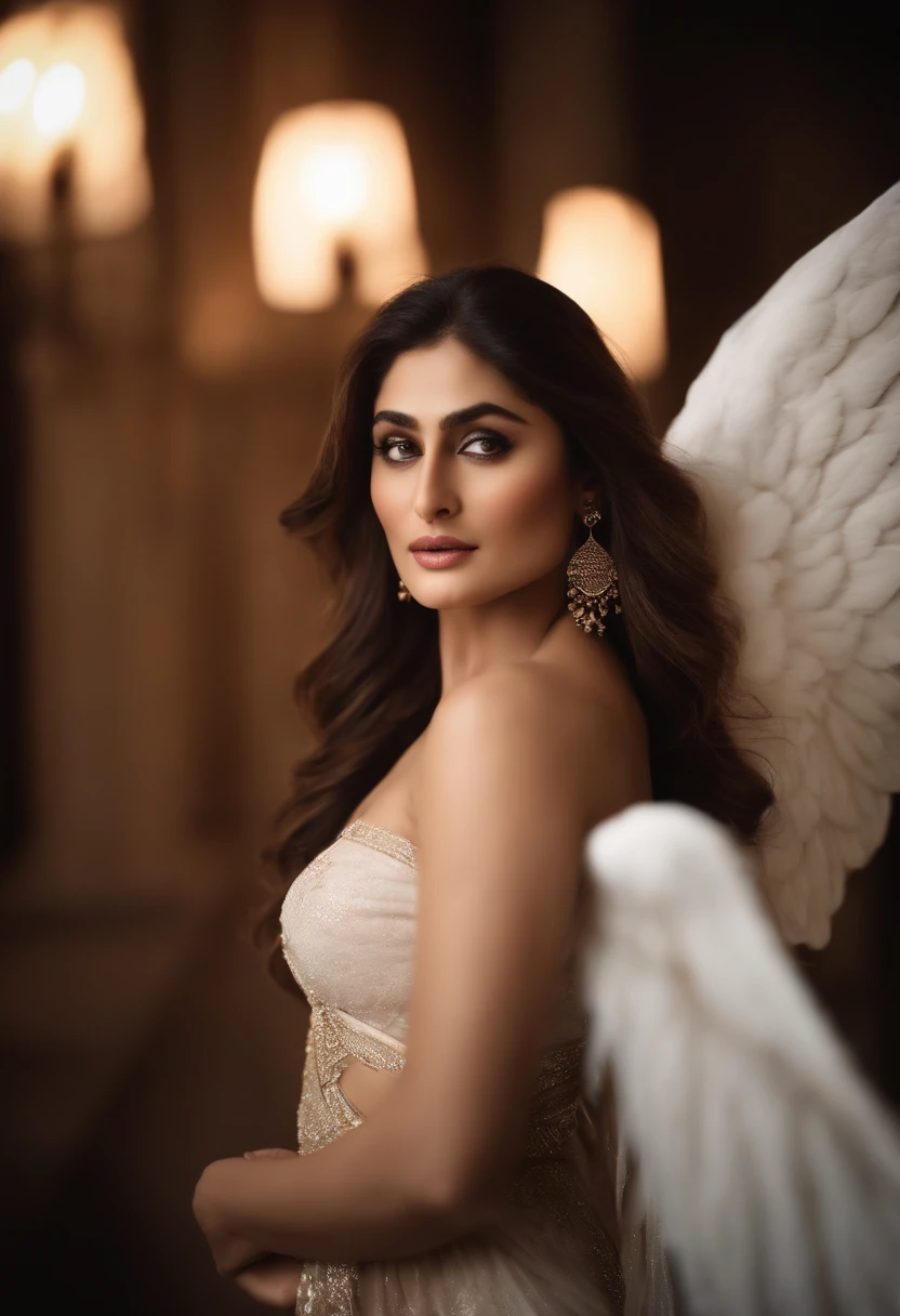 NSFW (best quality:1.2, realistic, portraits),(KAREENA KAPOOR KHAN),(angel),(seductive),(detailed eyes),(luscious lips),(long flowing hair),(radiant skin),(beautiful wings),(attractive posture),(heavenly atmosphere),(soft lighting),(subtle color palette),(open cloths), (bikini),(full body)