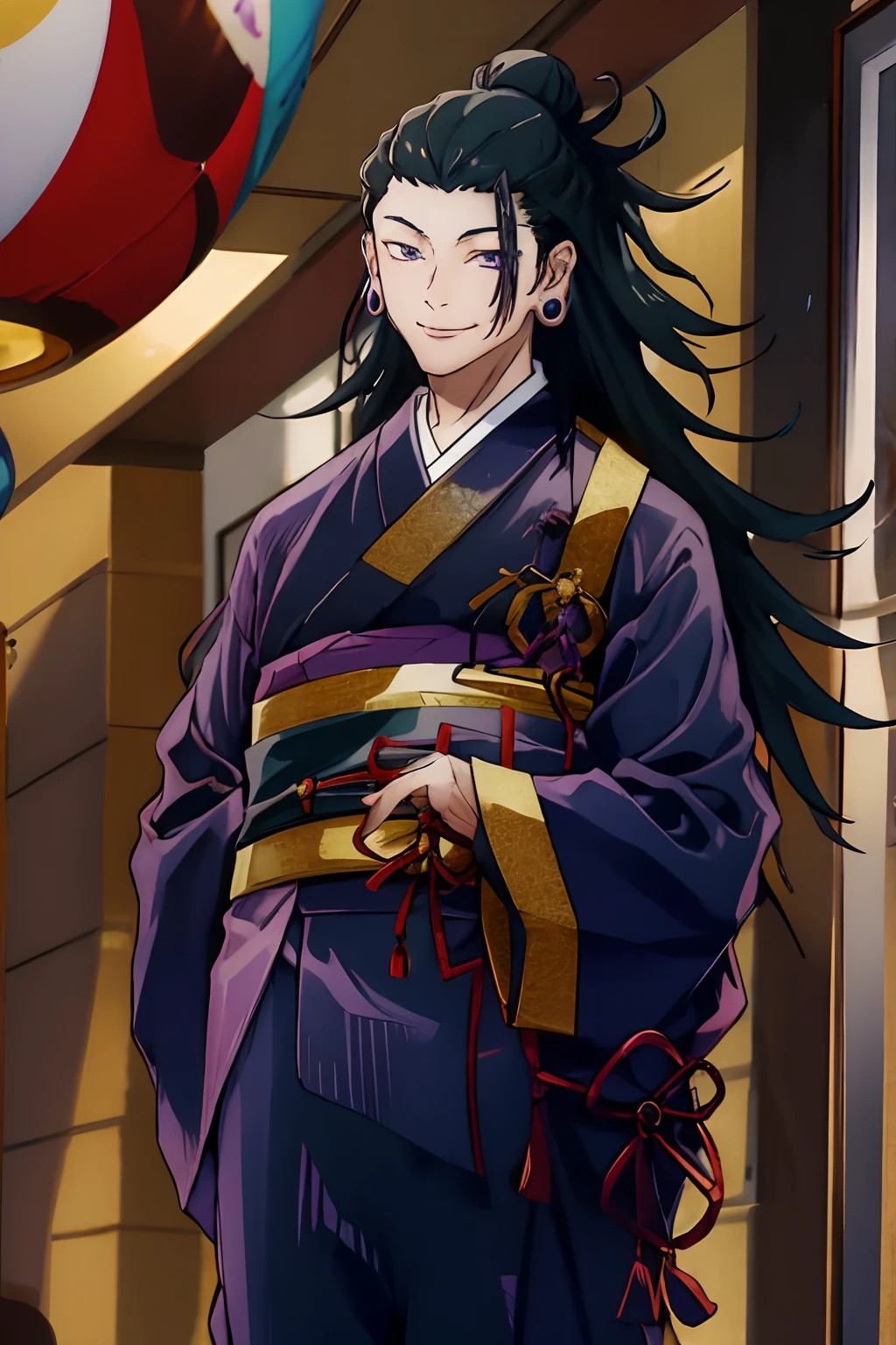 man, getou,long hair, smile, black hair, 1boy, jewelry, closed mouth,purple eyes, upper body, male focus, earrings, japanese clothes, indoors, kimono, hair bun, piercing, single hair bun, ear piercing, portrait, black kimono, hair pulled back, full body, 1 girl, black hair, blue eyes,tall, 2 characters