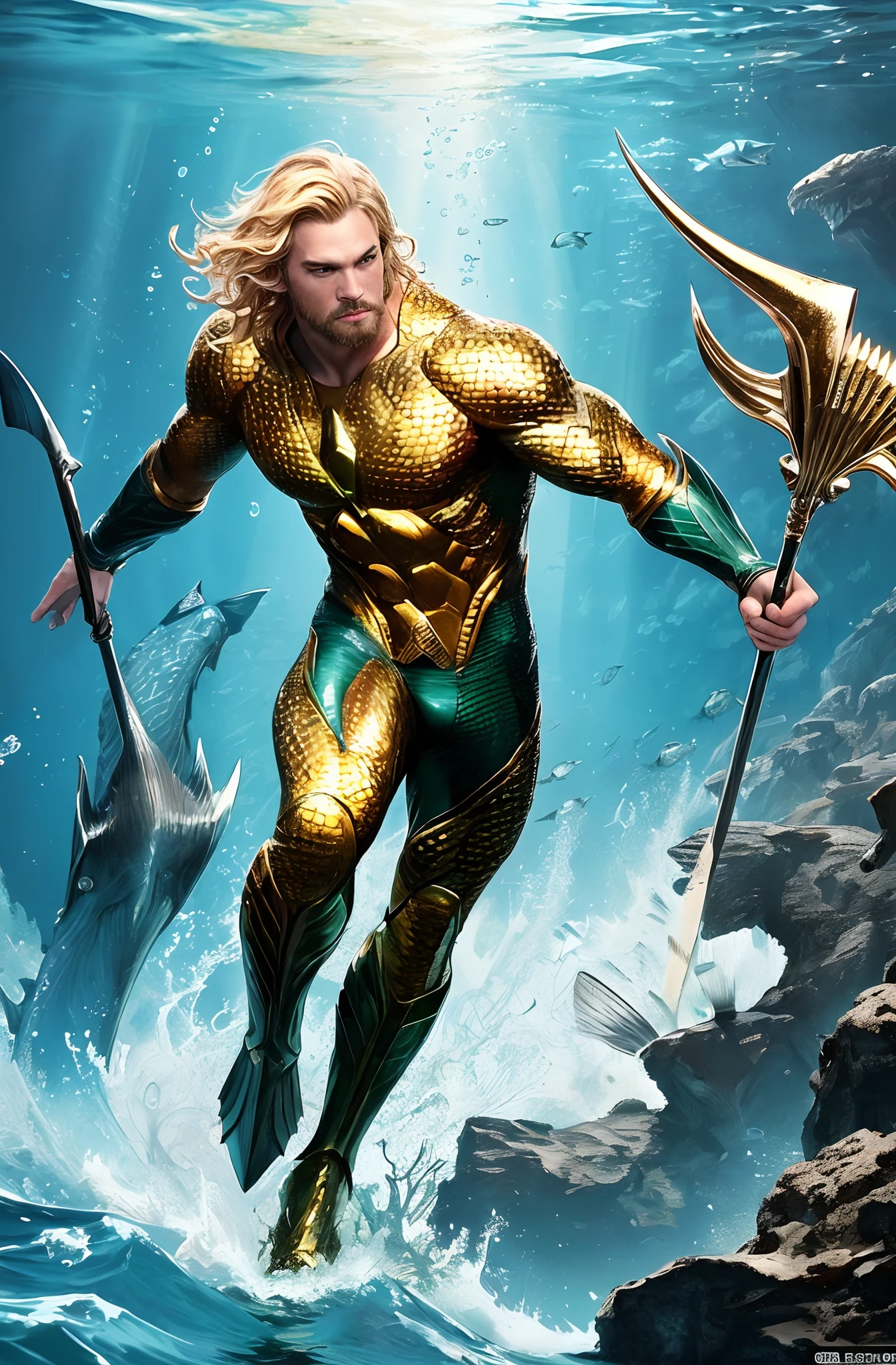 ultra realistic full body Aquaman from DC holding Neptune's Trident, ultra detailed comics accurate costume, blond hair, no beard clean shaven, perfect facial features, intricate details, commanding the armies of Atlantis, majestic sea monsters, full view of Atlantis in the background, underwater, vivid color, 32K UHD, cinematic