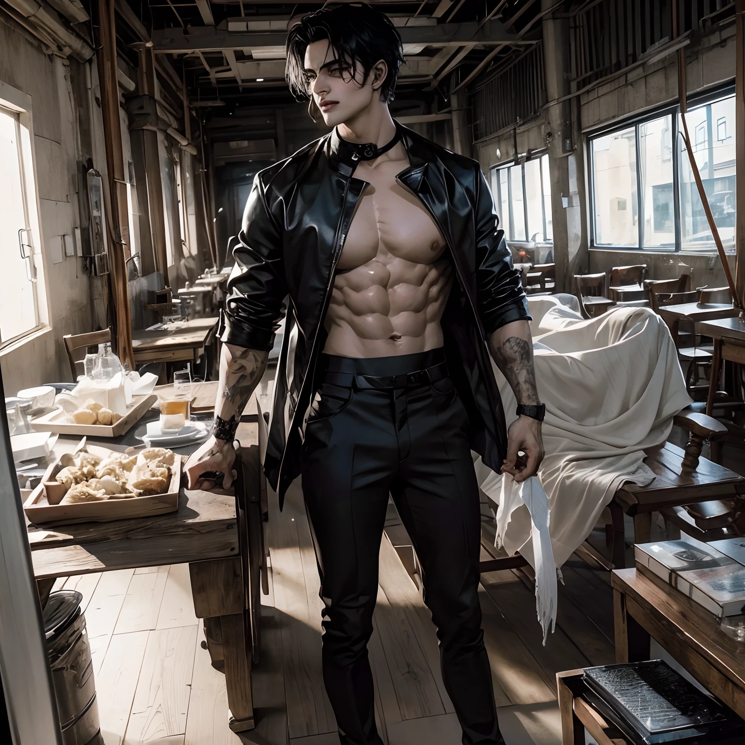 Manhwa Arte Europeo, 25 years old man, Pelo desordenado de la cabecera, Cabello negro azabache, ojos penetrantes, cejas gruesas, Llevar disfraz de vampiro, ojos amarillos, orejas punteagudas, colmillos salientes de su boca, sangre resbalando de su boca, amenazante, sexy, sensual, razor-sharp jawline, mirada penetrante, Cold and mysterious character, 8k, Detailed features, muy guapo, sonriente, actitud fiestera, ENTP, fiesta, traje de gala, cuerpo entero