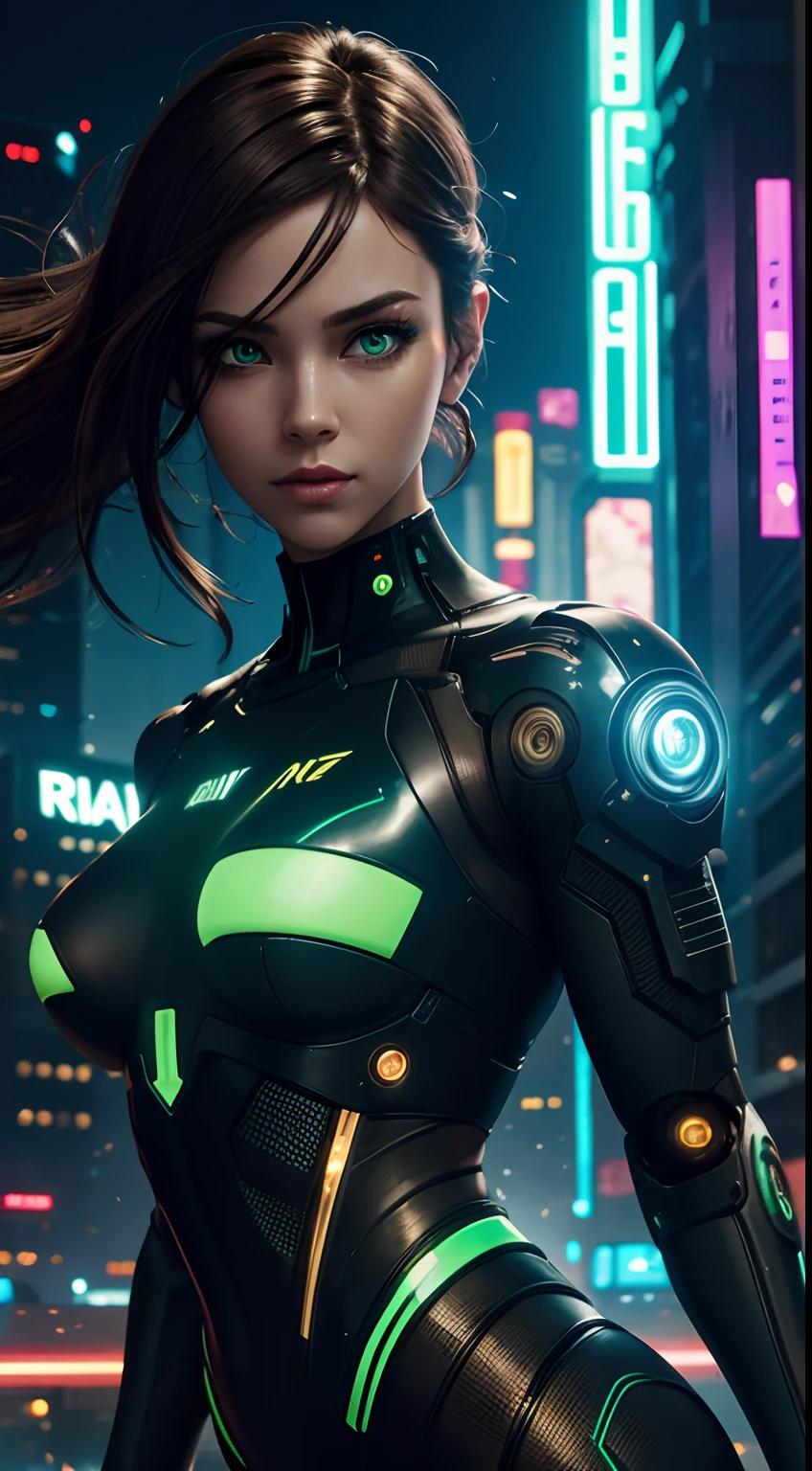 cyborg girl, robot hand, green eyes, cyberpunk city background, neon light, dark brown hair, chasing pose, masterpiece, ultra high details