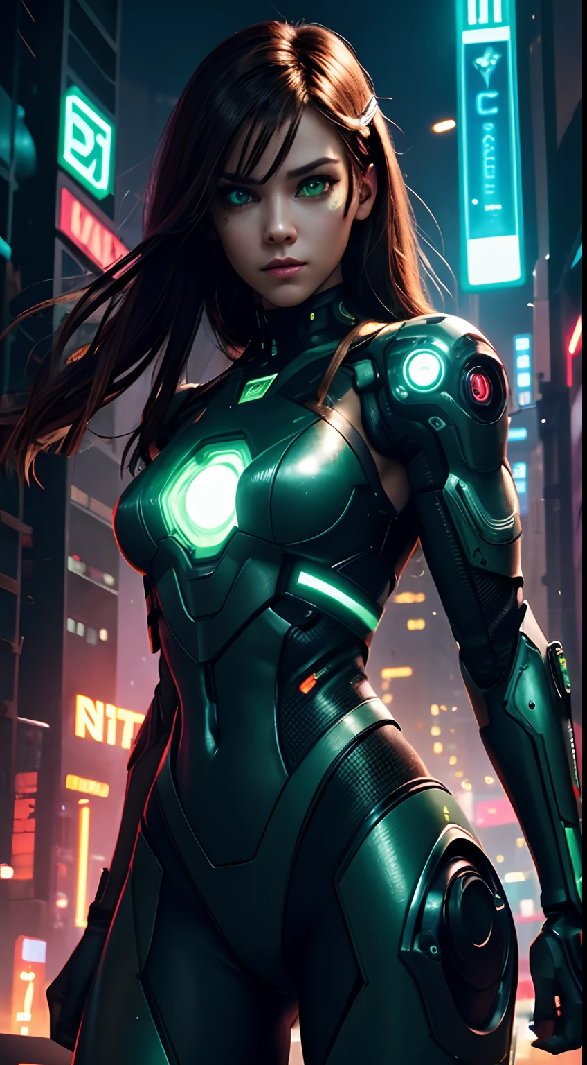 cyborg girl, robot hand, green eyes, cyberpunk city background, neon light, dark brown hair, fighting mode, masterpiece, ultra high details