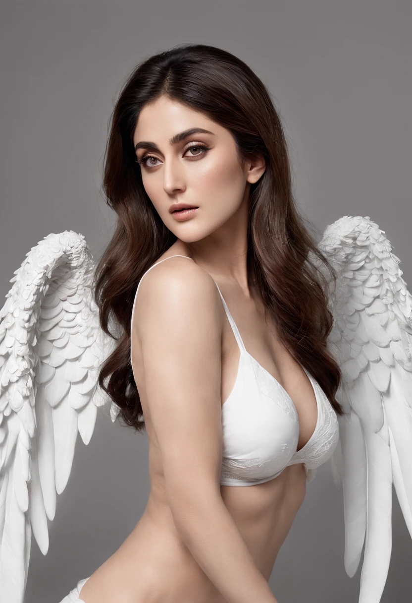 NSFW (best quality:1.2, realistic, portraits),(KAREENA KAPOOR KHAN),(angel),(seductive),(detailed eyes),(luscious lips),(long flowing hair),(radiant skin),(beautiful wings),(attractive posture),(heavenly atmosphere),(soft lighting),(subtle color palette),(open cloths), (bikini),(full body)