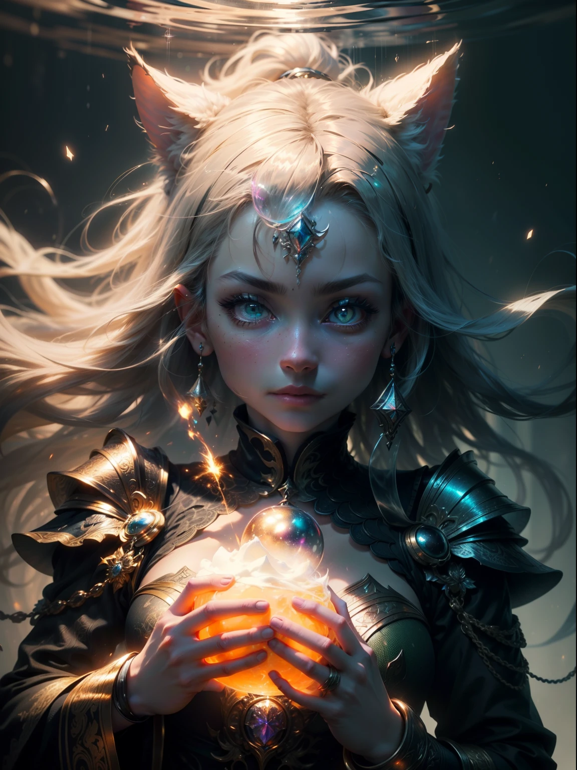 (cat ears on head), (award-winning masterpiece galore, incredibly detailed, textured and maximally detailed), (hyper realistic:1.4), (realistic:1.3), (full body portrait) (top quality realistically textured skin), (dense perfect circle symmetrical eyes), finely drawn face((Medieval World)), ((Woman of the Lord's Fires)), (bright and icy look in her eyes), (full body standing image:1.6), (she has a mischievous smile on her face), (eyes glowing red in the dark:1.5), (red eyes with strong red glow from within:1.5), (full body standing image), (flames and fire swirling in background), (dramatic light), (majestic scene), (her expression is kind and beautiful, but somewhat scary), glass earrings in her ears, (dramatic photo:1.4), (gives full body standing image:1.5), ((dramatic pose)), (golden hair), (silver hair), (chestnut hair)short-cut hair, ((looking up)), ((looking down)), (a simple necklace of elaborate workmanship hangs around her neck), (brilliant glowing bioluminescence: 1.3), (uses flamboyant flame magic: 1.2), (swirling flames), great temple of the devil, great temple of the devil, cathedral, temple ruins, temple away from temple, (glowing magic circle), ancient castle ruins, glowing majestic cloud masses and sky, lightning, epic realistic, faded, art, (glowing magic circle), (glowing magic circle), (glowing magic circle), (glowing magic circle), (glowing magic circle), ancient castle ruins, glowing majestic cloud masses and sky, lightning, epic realistic, faded, art, (glowing magic circle)(Greg Rutkowski:0.8), (teal and orange:0.4), (art station:1.5), cinematic, ((neutral colors)), (HDR:1.5), (muted colors:1.2), highly detailed, dramatic light, (complex details:1.1), complex backgrounds