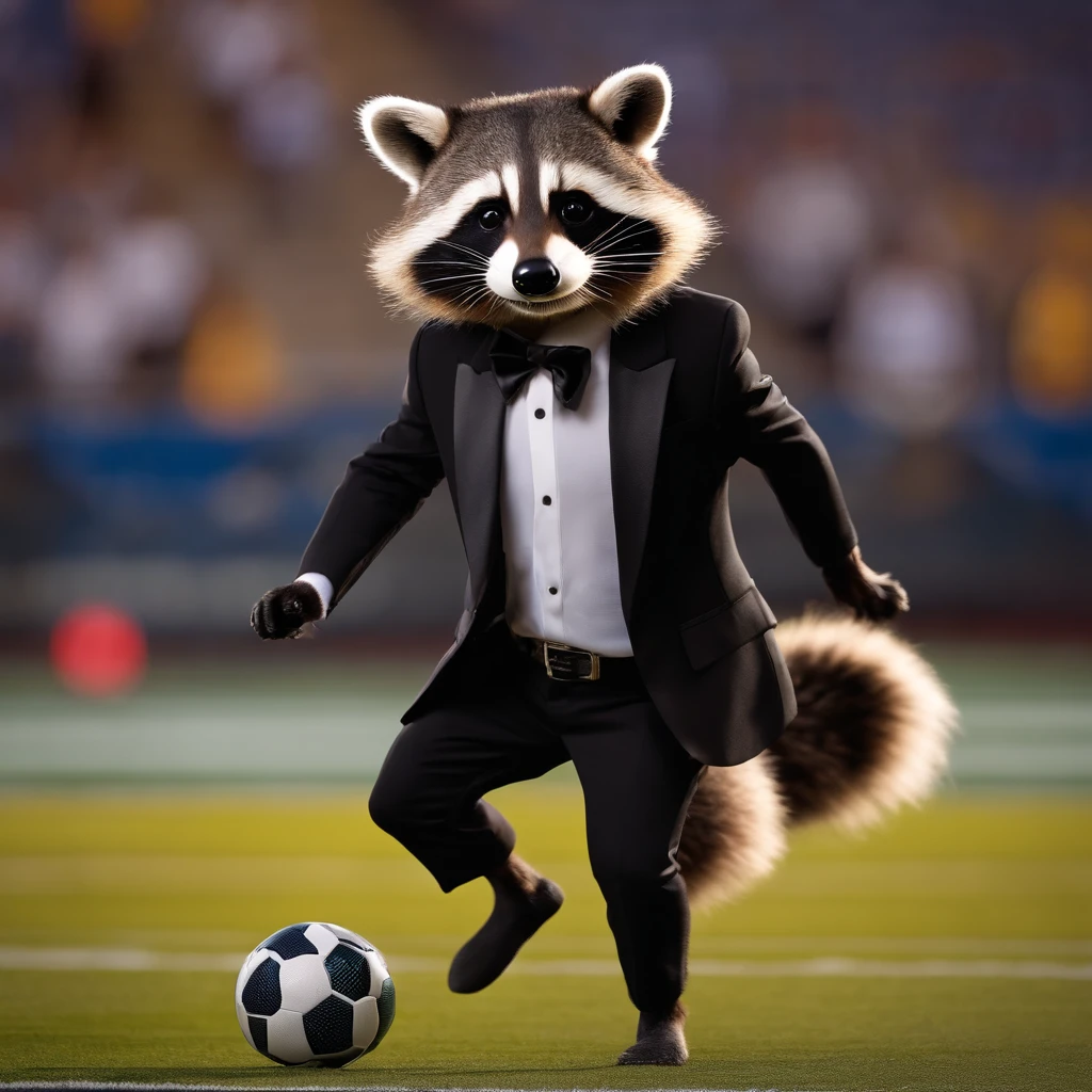 a raccoon football mascot with a black suit, multiple poses and expressions, soccer ball, soccer court