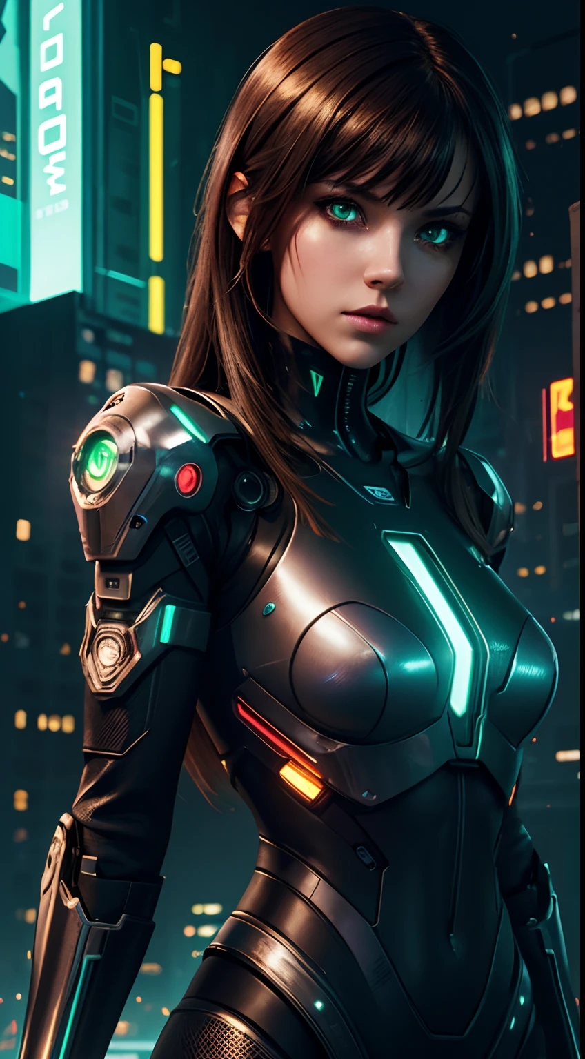 cyborg girl, robot hand, green eyes, cyberpunk city background, neon light, dark brown hair, dangerous mode, masterpiece, ultra high details