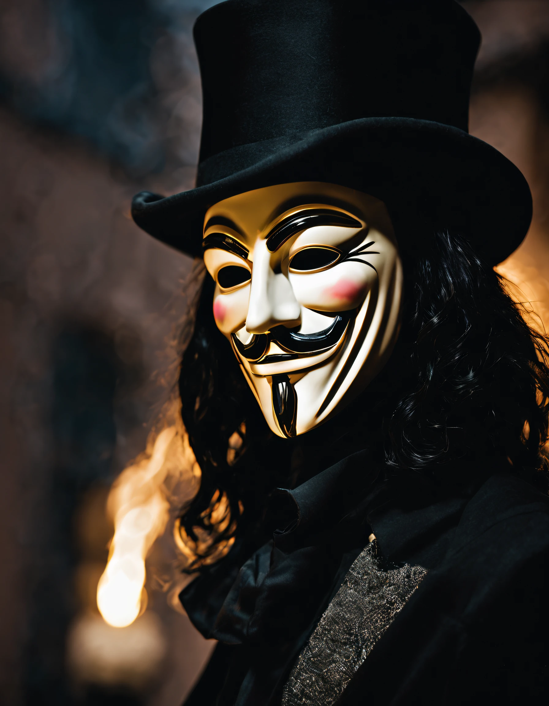 Close-up of a long-haired man with black hair wearing a Guy Fawkes mask and top hat,Masterpiece, cinematic lighting