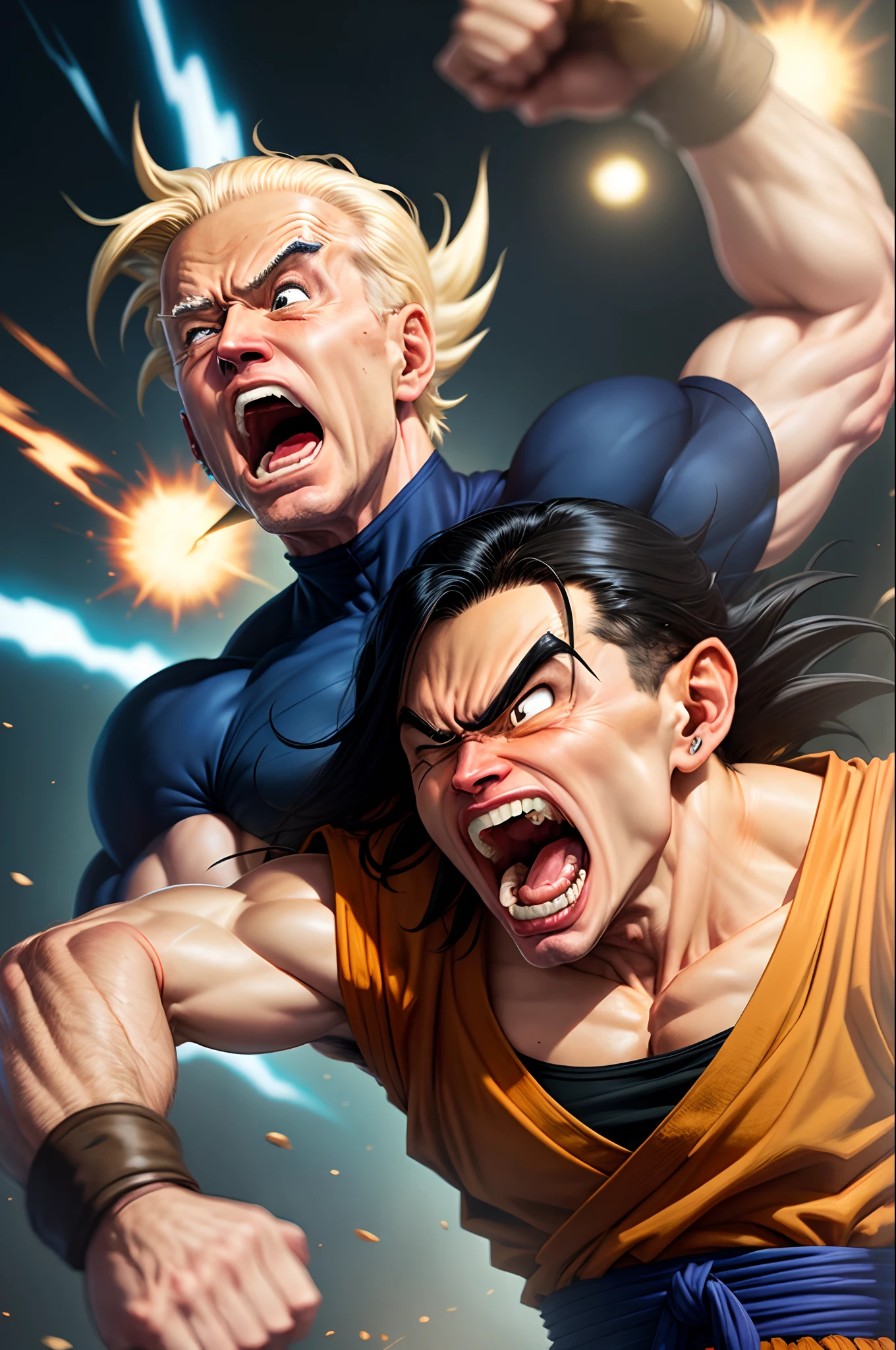 Joe Biden screaming with Dragonball Goku punching him