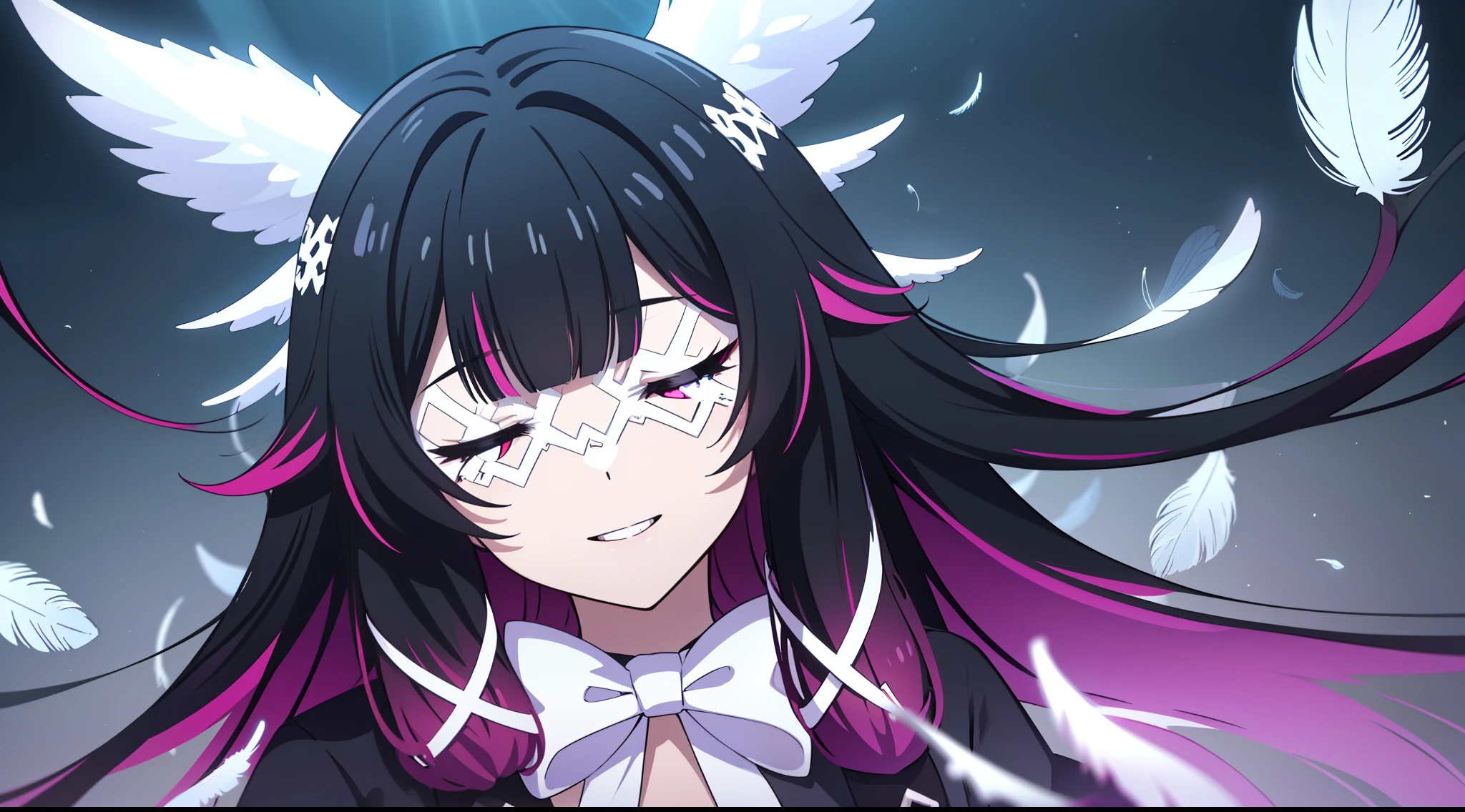 2D, HD, top-quality, ultra-detailed, Highly detailed, masterpiece, best quality, solo,1girl, long hair, black hair, red hair, solo, closed eyes, eye_mask, head wings, hair ornament, blunt bangs, light blue spotlight shining down, feathers, dark, falling feathers, evil, mysterious, black background, wind, smiling, top down view, wide bright neon pink eyes, looking at viewer, insane expression, crazy, glowing eyes, eyes as focus of image, multicoloured eyes, small breast, upper body,  over the shoulder pose