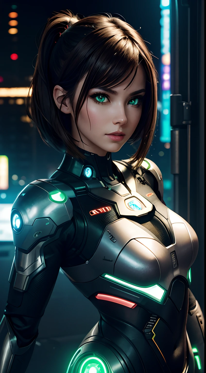 best quality,masterpiece,highly detailed,ultra-detailed, <lora:neg4all_bdsqlsz_V3.5:-1>,1girl, <lora:cartoonisationer-V4-8:1.75>, 1girl, A cyborg donning an exoskeleton with a dynamic energy field, emitting pulsating light patterns. The synthetic skin seamlessly integrates with the energy field, creating a visually striking and dynamic appearance. The clothing is composed of adaptive, energy-responsive materials that react to the cyborg's movements, contributing to a futuristic and energetic ensemble. The hair is styled with energy-infused accents, completing the overall vibrant and cutting-edge look. mechanical arms, mecha musume, impossible clothes, mechanical parts, gameplay mechanics, Sizeable breasts ,, narrow waist, Mohawk with Spiked Metal Tips - Magenta , fantastic details full face, dot nose,detailed Heart-shaped eyes, bronze iris, arched eyebrows, warm brown beautiful Detailed Eyes, lips at in Cyberpunk 2077 ,The Aldecaldos camp, a secluded location outside the city limits where the Aldecaldos gang operates. It's a place where people can escape from the city and live off the grid. , extremely detailed eyes, fantastic details full face