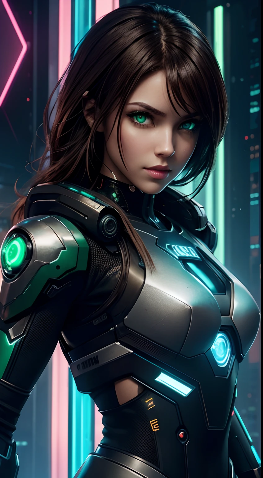 cyborg girl, robot hand, green eyes, cyberpunk city background, neon light, dark brown hair, greeting pose, masterpiece, ultra high details
