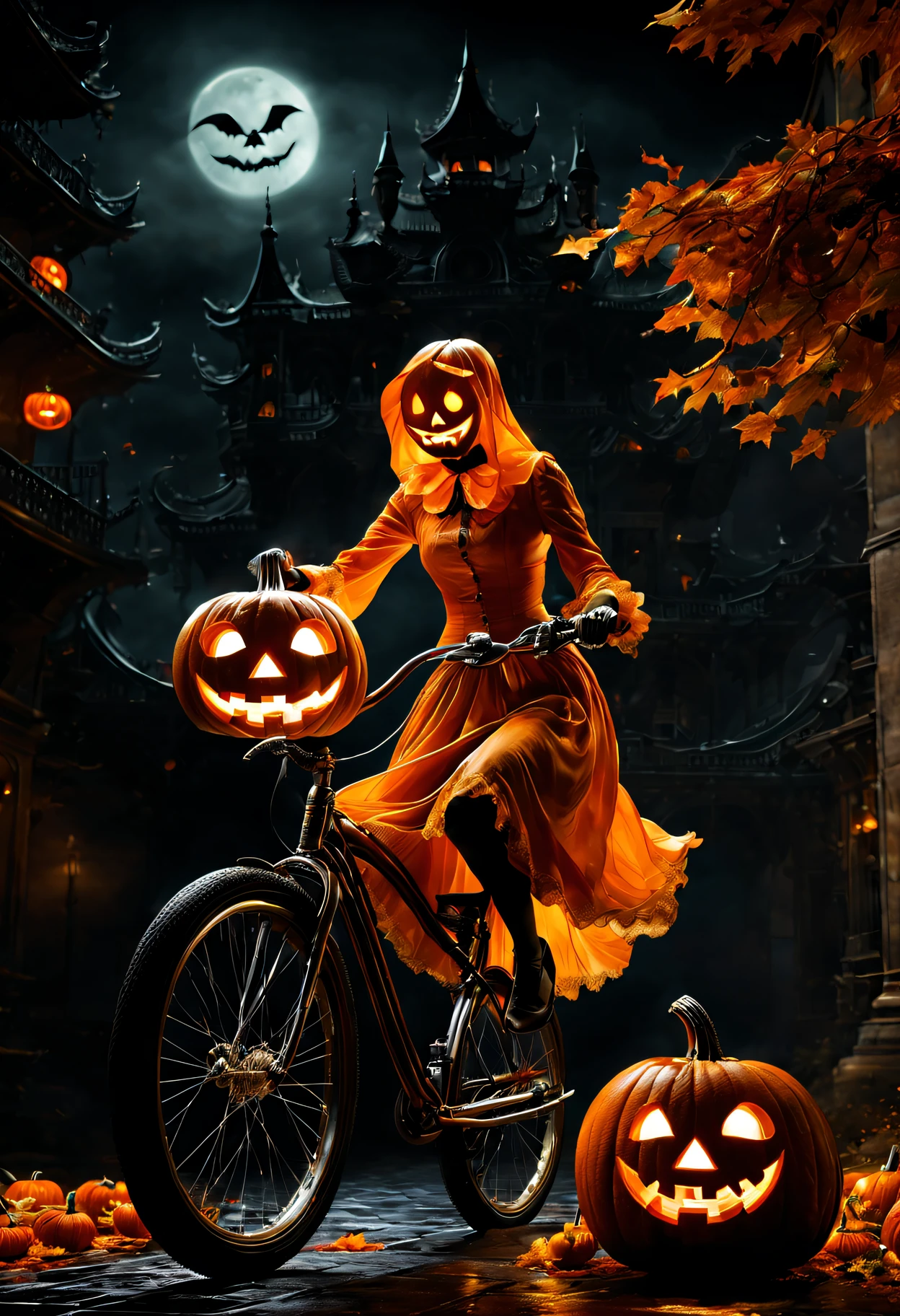 (Best quality,4K,8K,A high resolution,Masterpiece:1.2),Ultra-detailed,(Realistic,Photorealistic,photo-realistic:1.37),Dark background,Dark atmosphere,Dark theme,Creepy,unnerving,Pumpkin ghost riding a bike,A disturbing pumpkin ghost on a bike,Pumpkin ghost on a bike,Pumpkin ghost on a bike,mysterious,Subtle curls,Translucent appearance,sinister,But attractive,Spooky,Unsettling appearance,during night,Chilling,Scary,Vivid colors,Gloomy,haunting,Black background,A mysterious and disturbing pumpkin ghost rides a bike,(Extremely detailed Cg Unity 8K wallpapers),(((Masterpiece))), (((Best quality))), ((Ultra-detailed)), (Best Illustration),(Best shadow), ((An extremely delicate and beautiful)),Dynamic Angle,Floating, wonderland,Dynamic Angle,flower  sea,Beautiful detailed garden,Wind,classic,Spring, (Detailed light),feater, Nature, (Sunlight), River, forest,(((Floating palace))),((the best building)),Beautiful and delicate water,(Painting),(Sketch),(full bloom),(Shine)