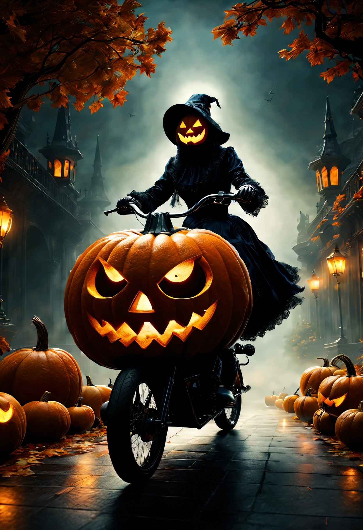 (Best quality,4K,8K,A high resolution,Masterpiece:1.2),Ultra-detailed,(Realistic,Photorealistic,photo-realistic:1.37),Dark background,Dark atmosphere,Dark theme,Creepy,unnerving,Pumpkin ghost riding a bike,A disturbing pumpkin ghost on a bike,Pumpkin ghost on a bike,Pumpkin ghost on a bike,mysterious,Subtle curls,Translucent appearance,sinister,But attractive,Spooky,Unsettling appearance,during night,Chilling,Scary,Vivid colors,Gloomy,haunting,Black background,A mysterious and disturbing pumpkin ghost rides a bike,(Extremely detailed Cg Unity 8K wallpapers),(((Masterpiece))), (((Best quality))), ((Ultra-detailed)), (Best Illustration),(Best shadow), ((An extremely delicate and beautiful)),Dynamic Angle,Floating, wonderland,Dynamic Angle,flower  sea,Beautiful detailed garden,Wind,classic,Spring, (Detailed light),feater, Nature, (Sunlight), River, forest,(((Floating palace))),((the best building)),Beautiful and delicate water,(Painting),(Sketch),(full bloom),(Shine)