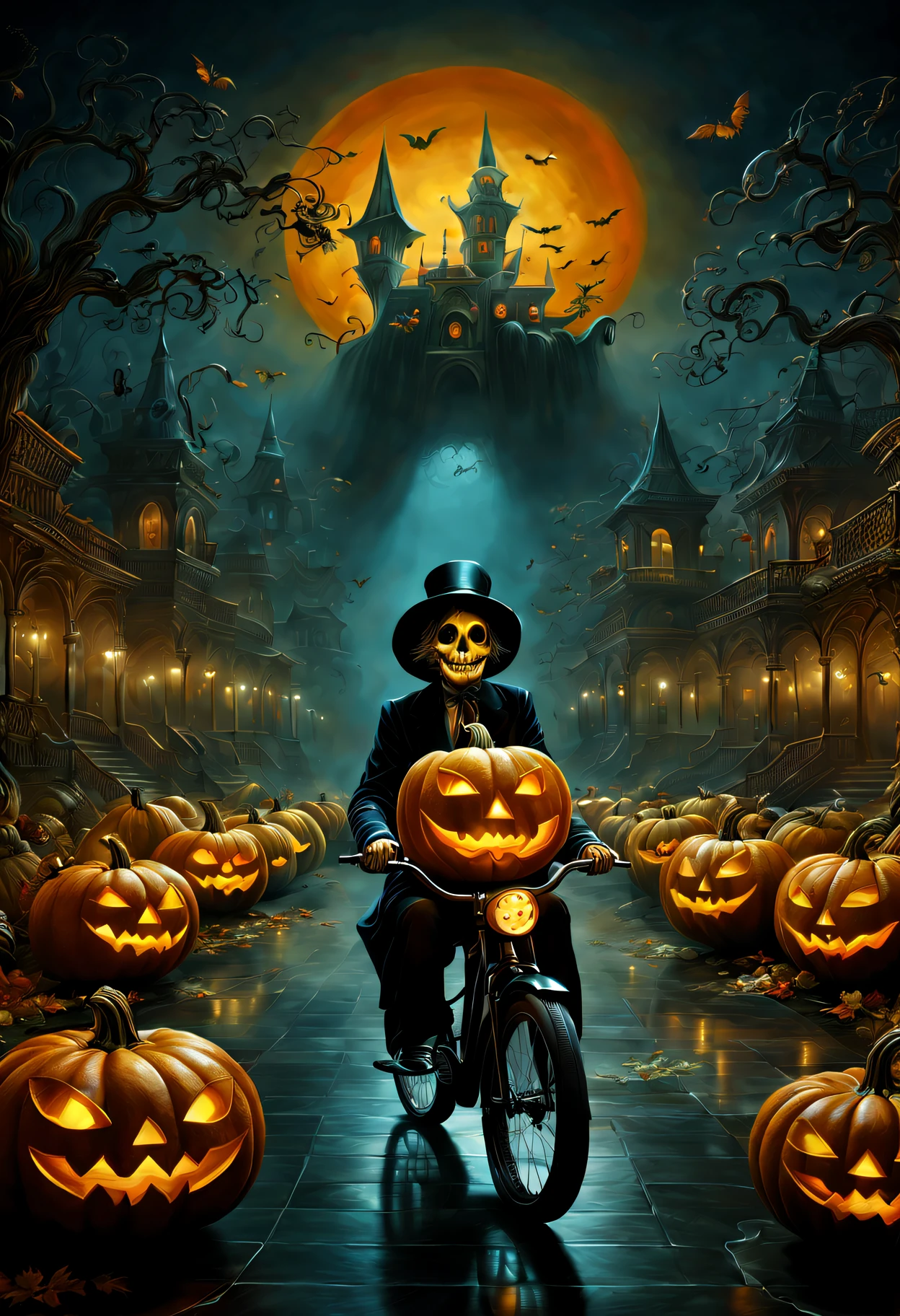 (Best quality,4K,8K,A high resolution,Masterpiece:1.2),Ultra-detailed,(Realistic,Photorealistic,photo-realistic:1.37),Dark background,Dark atmosphere,Dark theme,Creepy,unnerving,Pumpkin ghost riding a bike,A disturbing pumpkin ghost on a bike,Pumpkin ghost on a bike,Pumpkin ghost on a bike,mysterious,Subtle curls,Translucent appearance,sinister,But attractive,Spooky,Unsettling appearance,during night,Chilling,Scary,Vivid colors,Gloomy,haunting,Black background,A mysterious and disturbing pumpkin ghost rides a bike,(Extremely detailed CG unified 8K wallpapers),(((Masterpiece))), (((Best quality))), ((Ultra-detailed)), (Best Illustration),(Best shadow), ((An extremely delicate and beautiful)),Dynamic Angle,Floating, in wonderland,Dynamic Angle,flower  sea,Beautiful detailed garden,Wind,classic,Spring, (Detailed light),feater, Nature, (Sunlight), River, forest,(((Floating palace))),((the best building)),Beautiful and delicate water,(Painting),(Sketch),(full bloom),(Shine),very dim red lights, very dim blue lights, dark background, very photorealistic, surreal dreamscape, vibrant colors, ethereal atmosphere, fantasy landscape, as painted by Salvador Dali and Rene Magritte, highly detailed, acrylic painting, whimsical, magical, Talking animals, anthropomorphic creatures, expressive faces, animated lines, wispy and fluffy, pastel tones, dreamy lighting, golden hour, hazy atmosphere, painterly style, soft brushstrokes, magical realism