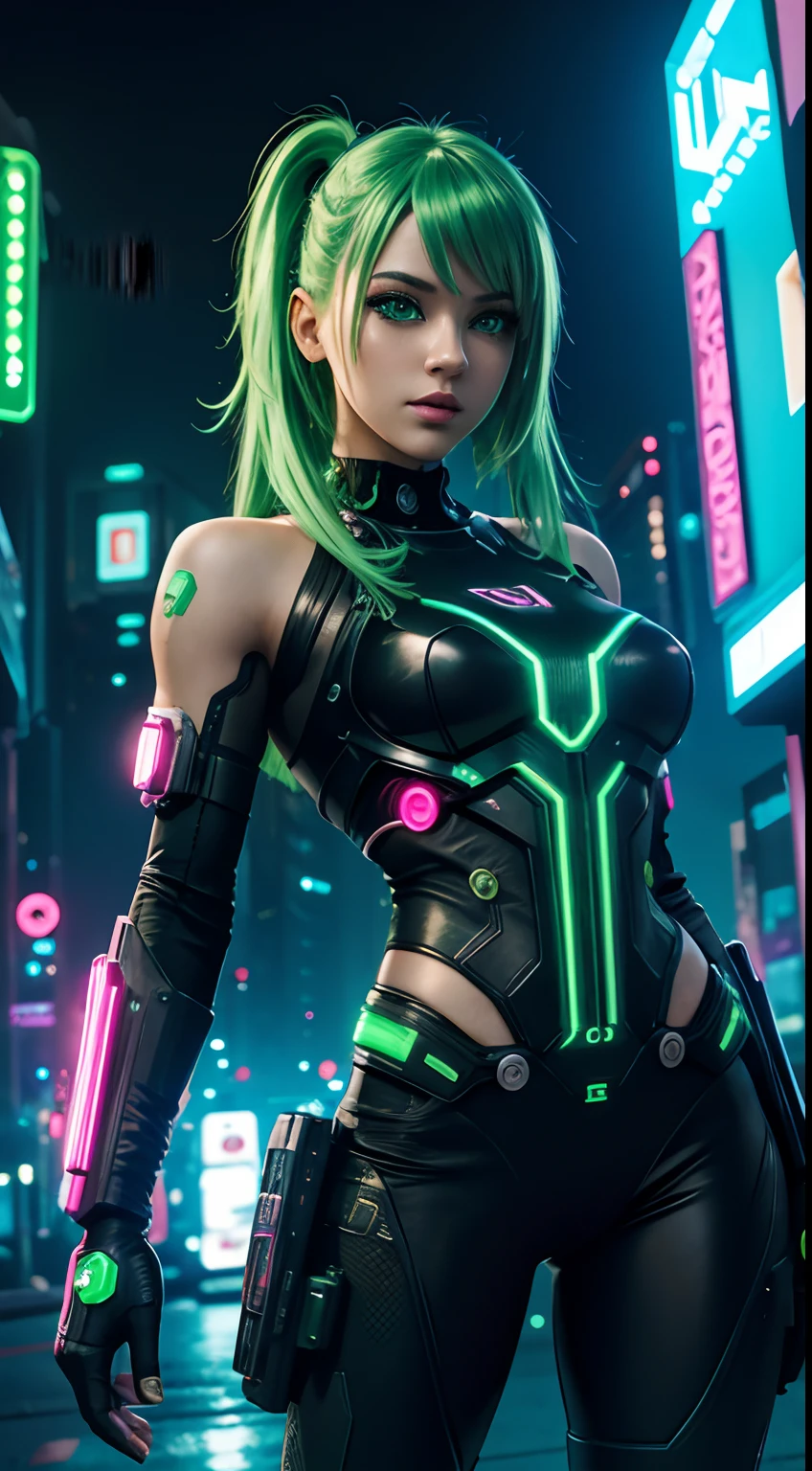 Neon Noir Beautiful Female Semi Robot,run、Looking at Viewer, . Cyberpunk, ((Dark)), Back alley, neon signs, High contrast, low illuminance, Vibrant, Highly detailed, (Green Ash Hair Color), Luminous Eyes、 with an elementary school face、Slimed、flat body、Background blur