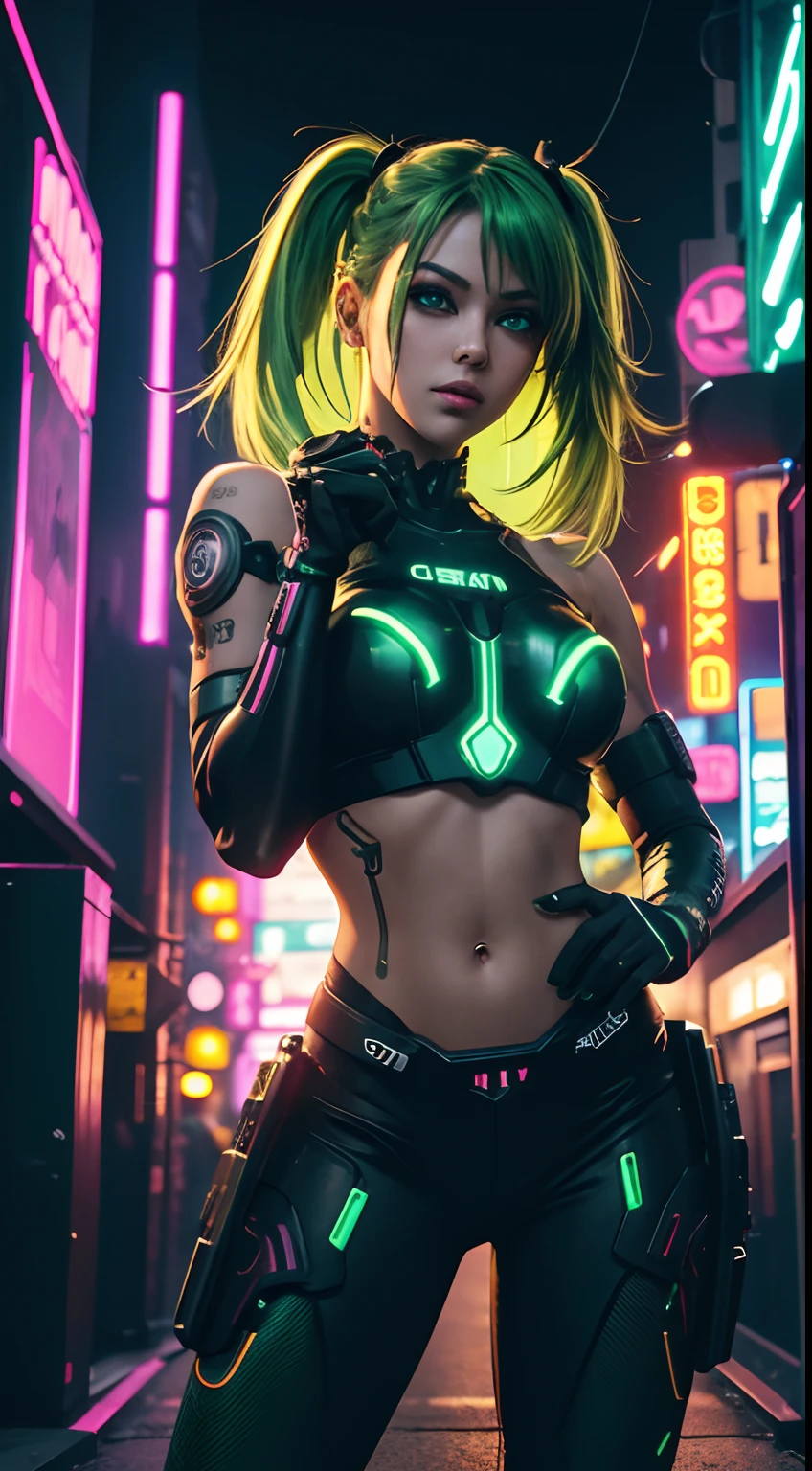 cyborg girl, machine gun hand, green eyes, cyberpunk city background, neon light, neon hair, greeting pose, masterpiece, ultra high details