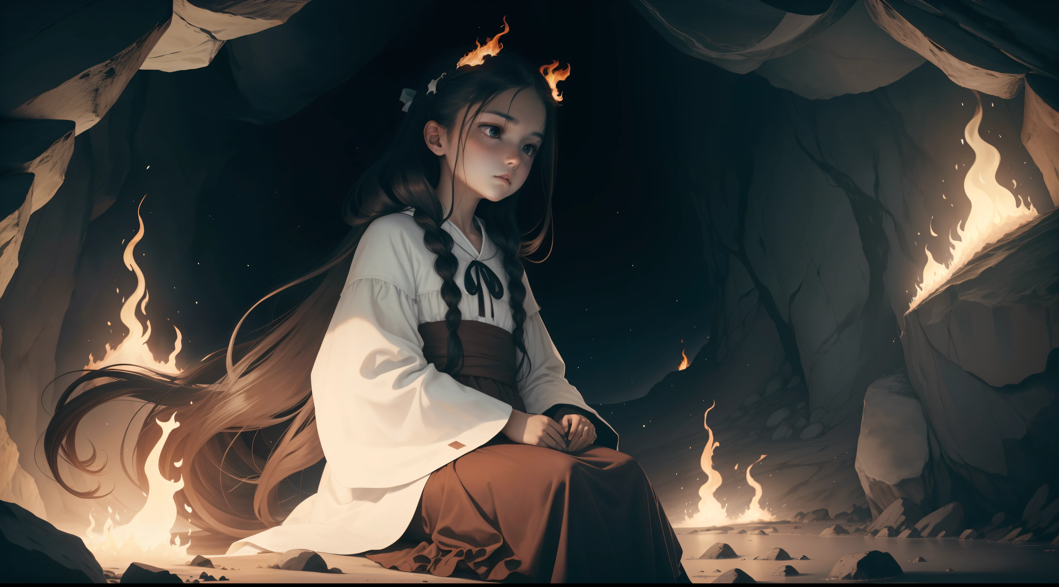 (best quality, masterpiece),  (1girl, solo,brown robe, expression face, looking away, sitting, wide sleeves, black eyes, closed mouth, ribbon shape fire on head, long hair, cowboy shot), (Monochrome, night sky at cave entrance , light rising from the bottom, inside Cave, floating glowing bunch of white particles, burning fire at hand, floating many small fires),